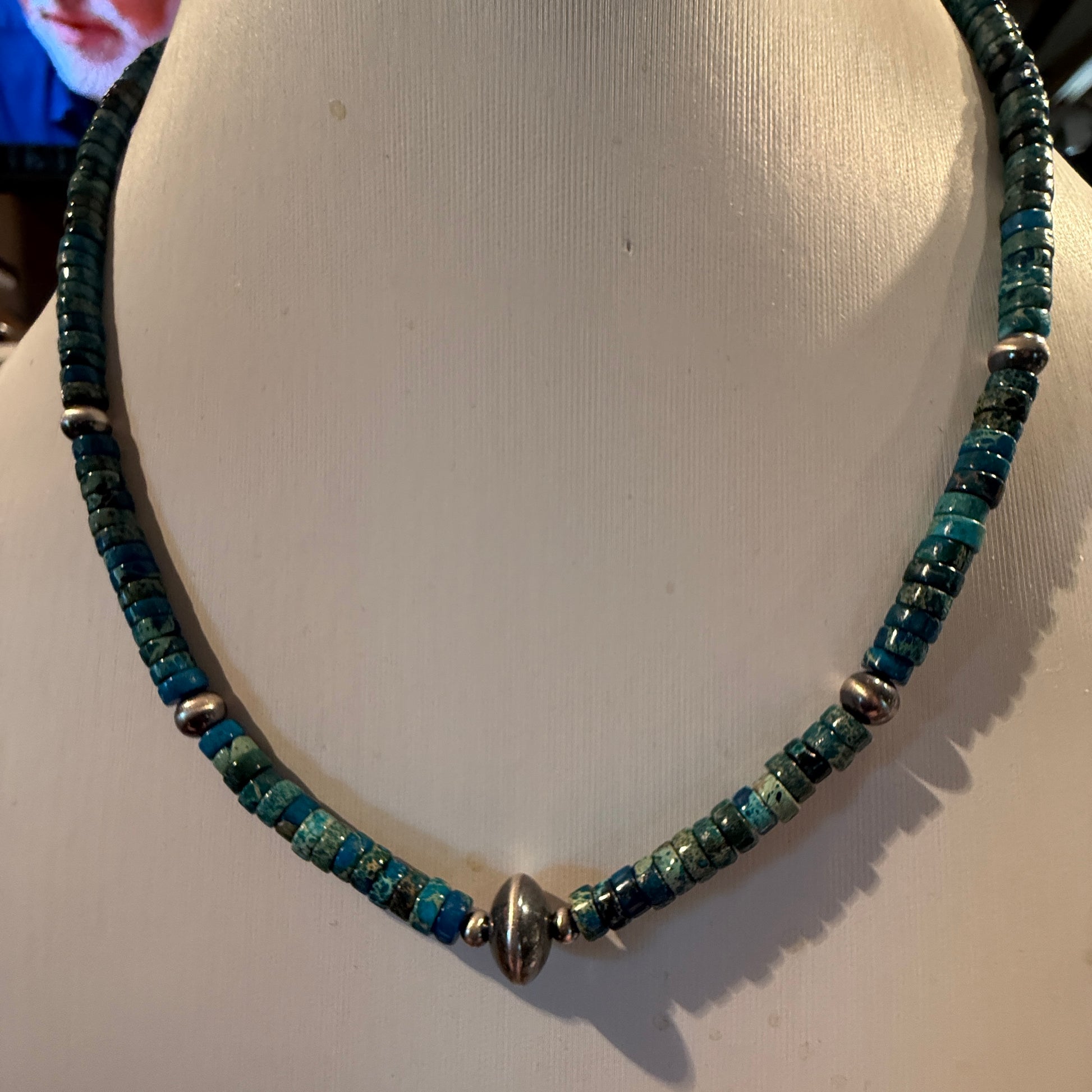 Kingman Turquoise Bead Necklace with Sterling Silver Beads, 18 Inch Wild West Boho