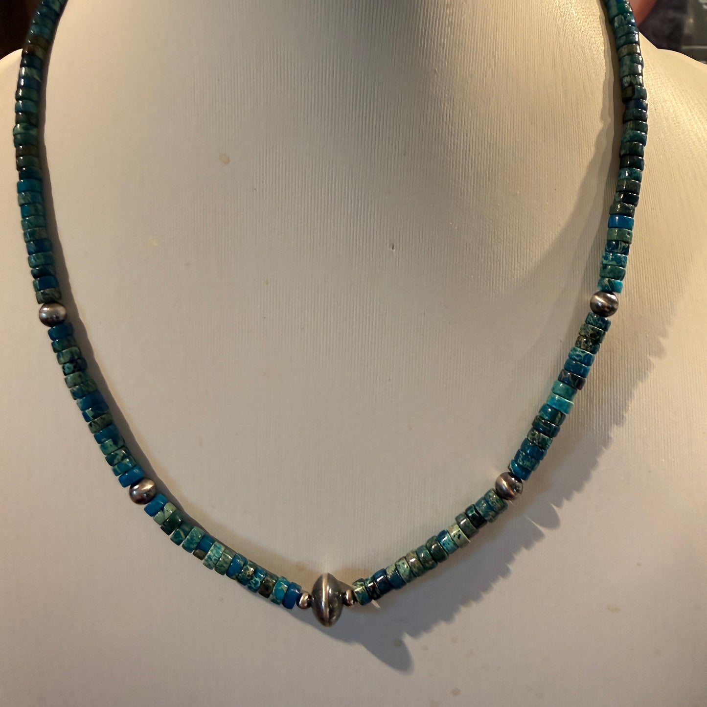 Kingman Turquoise Bead Necklace with Sterling Silver Beads, 18 Inch Wild West Boho