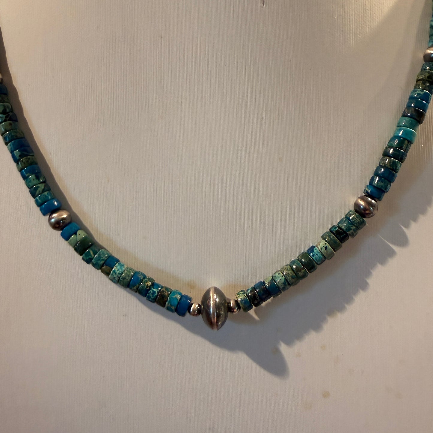 Kingman Turquoise Bead Necklace with Sterling Silver Beads, 18 Inch Wild West Boho