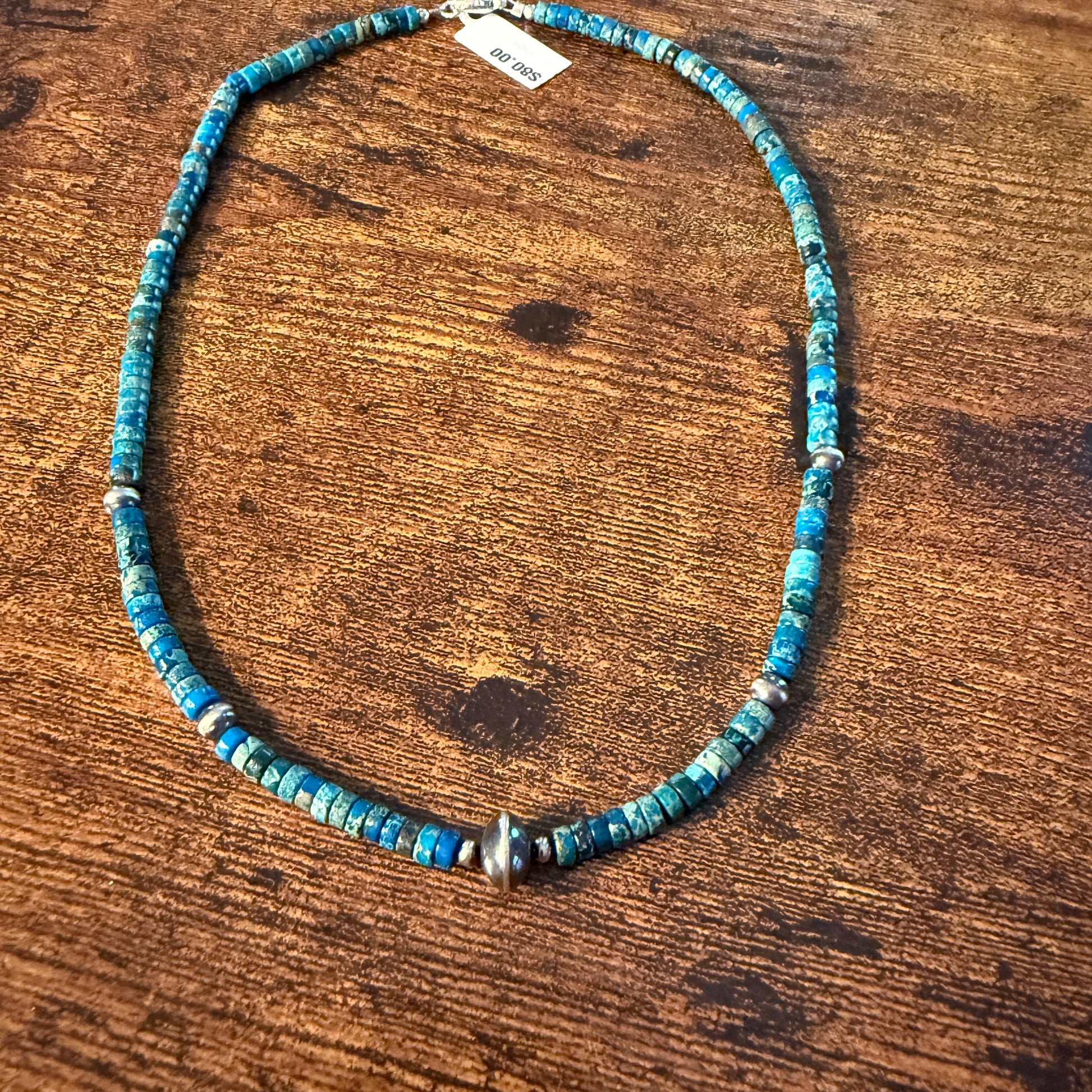 Kingman Turquoise Bead Necklace with Sterling Silver Beads, 18 Inch Wild West Boho