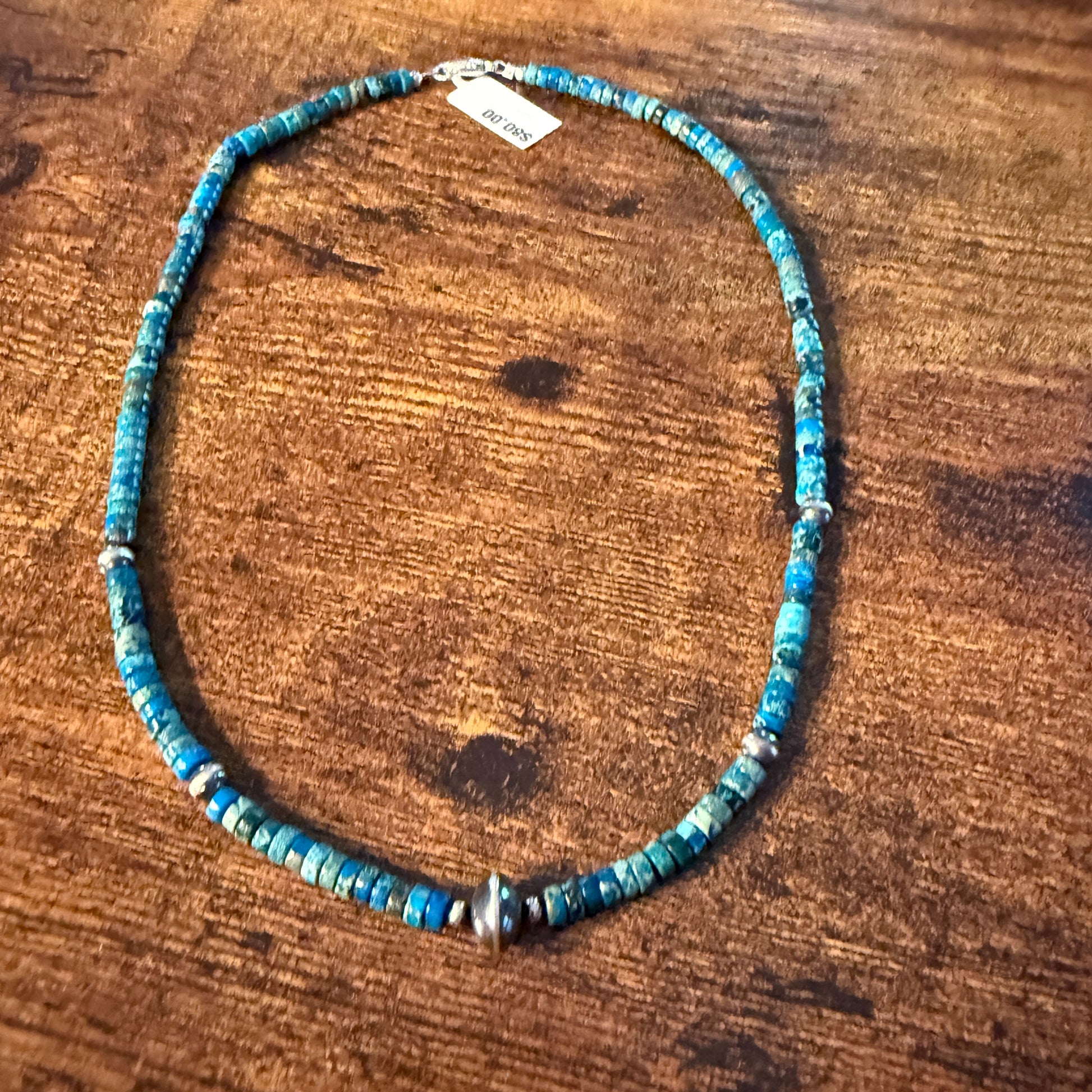 Kingman Turquoise Bead Necklace with Sterling Silver Beads, 18 Inch Wild West Boho