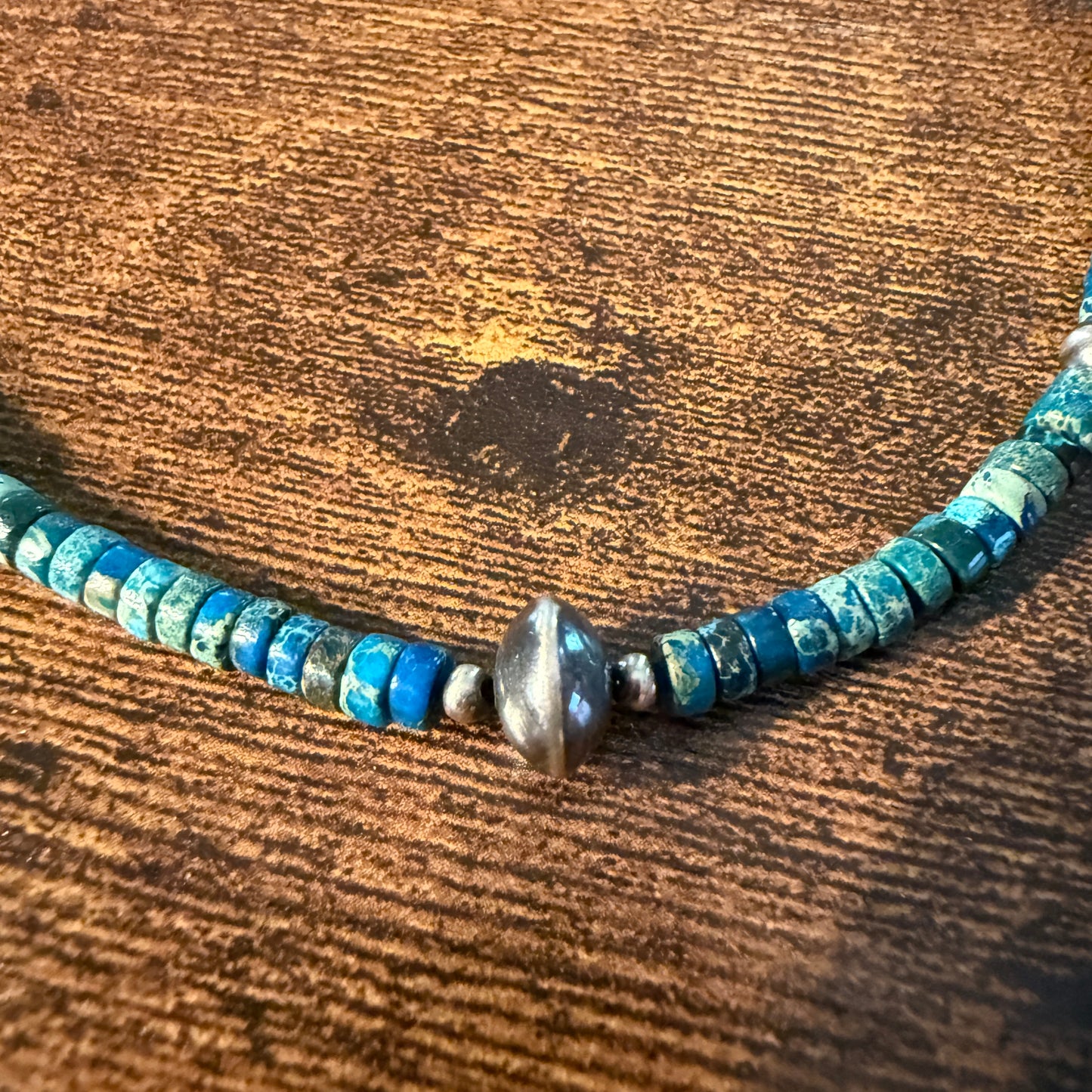 Kingman Turquoise Bead Necklace with Sterling Silver Beads, 18 Inch Wild West Boho