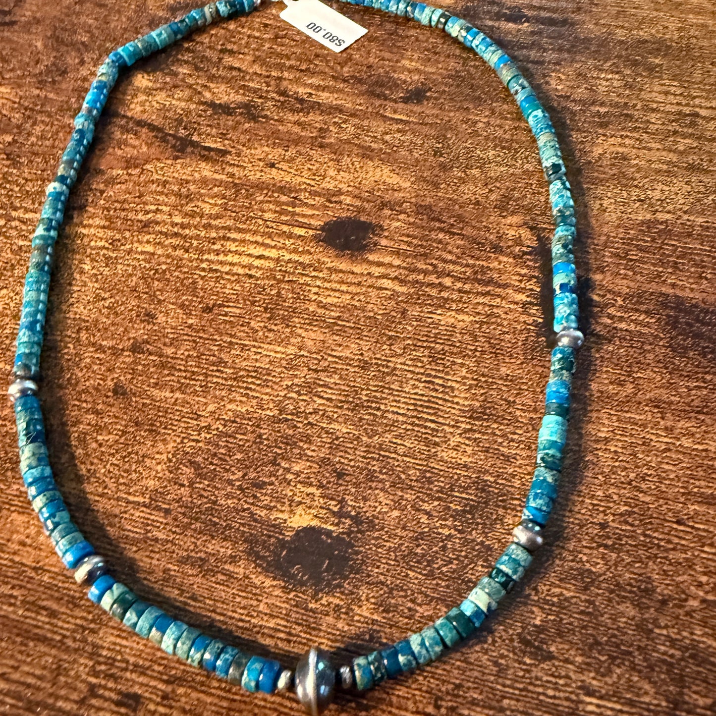 Kingman Turquoise Bead Necklace with Sterling Silver Beads, 18 Inch Wild West Boho