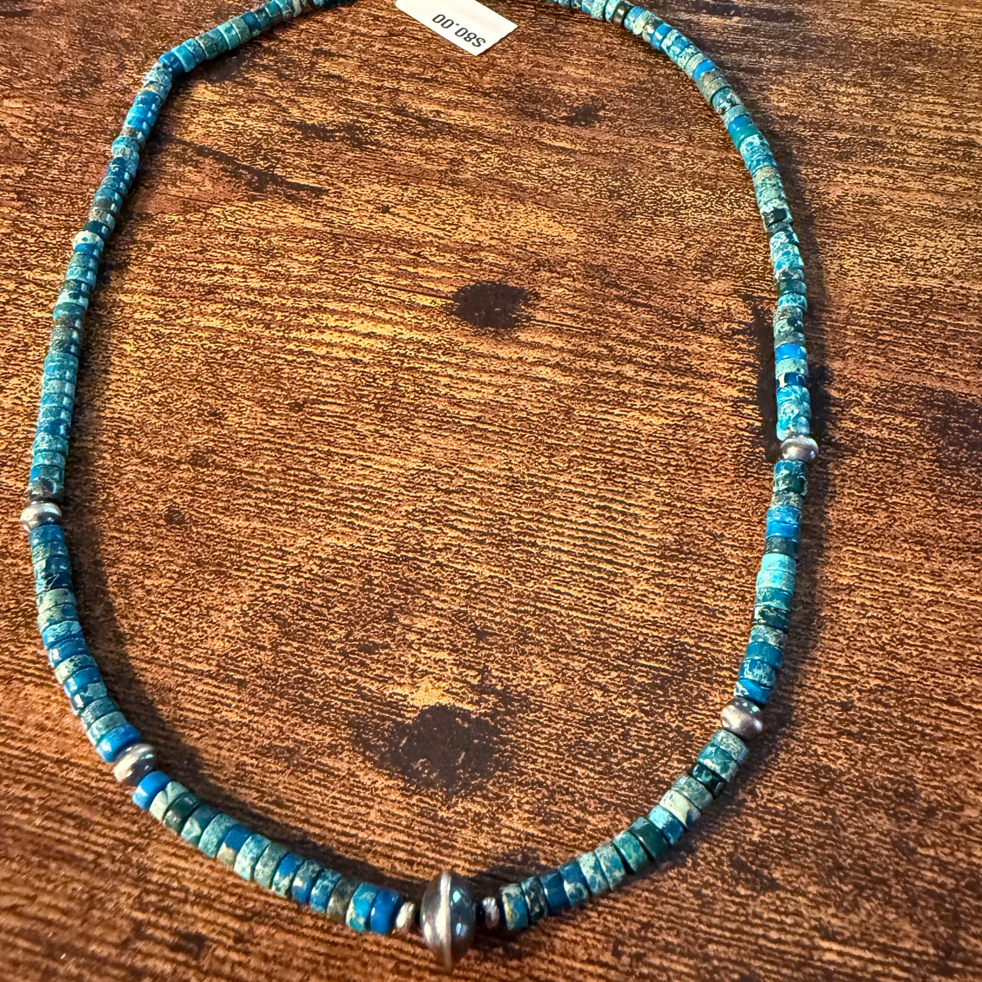 Kingman Turquoise Bead Necklace with Sterling Silver Beads, 18 Inch Wild West Boho