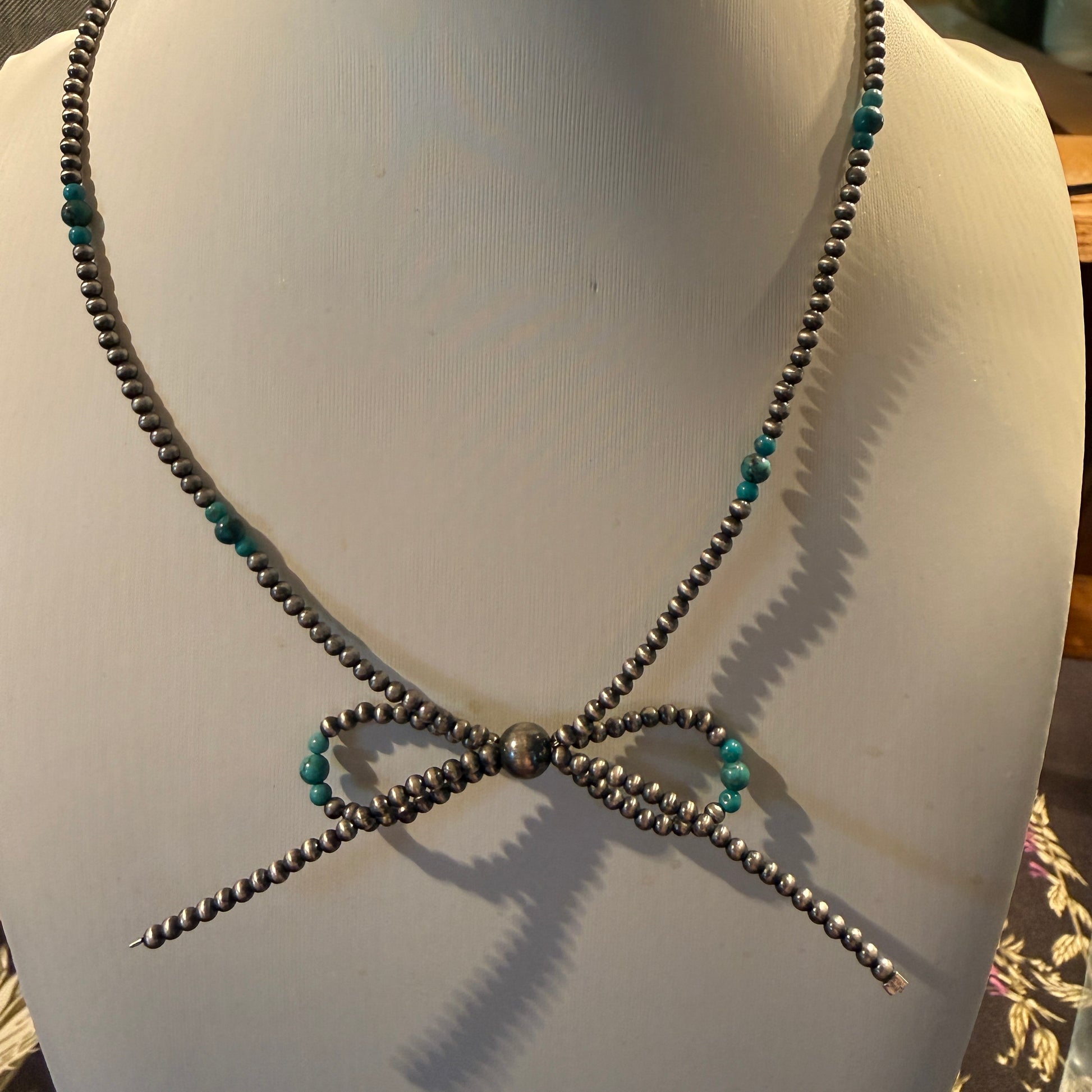 Kingman Turquoise Beads and Sterling Silver Desert Pearls 2mm Bow Necklace, 18 Inch Wild West Boho