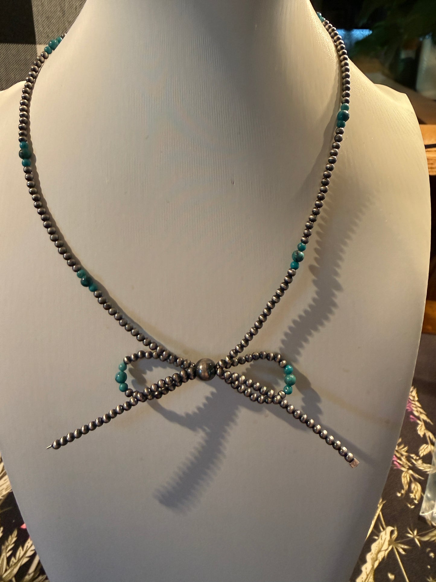 Kingman Turquoise Beads and Sterling Silver Desert Pearls 2mm Bow Necklace, 18 Inch Wild West Boho