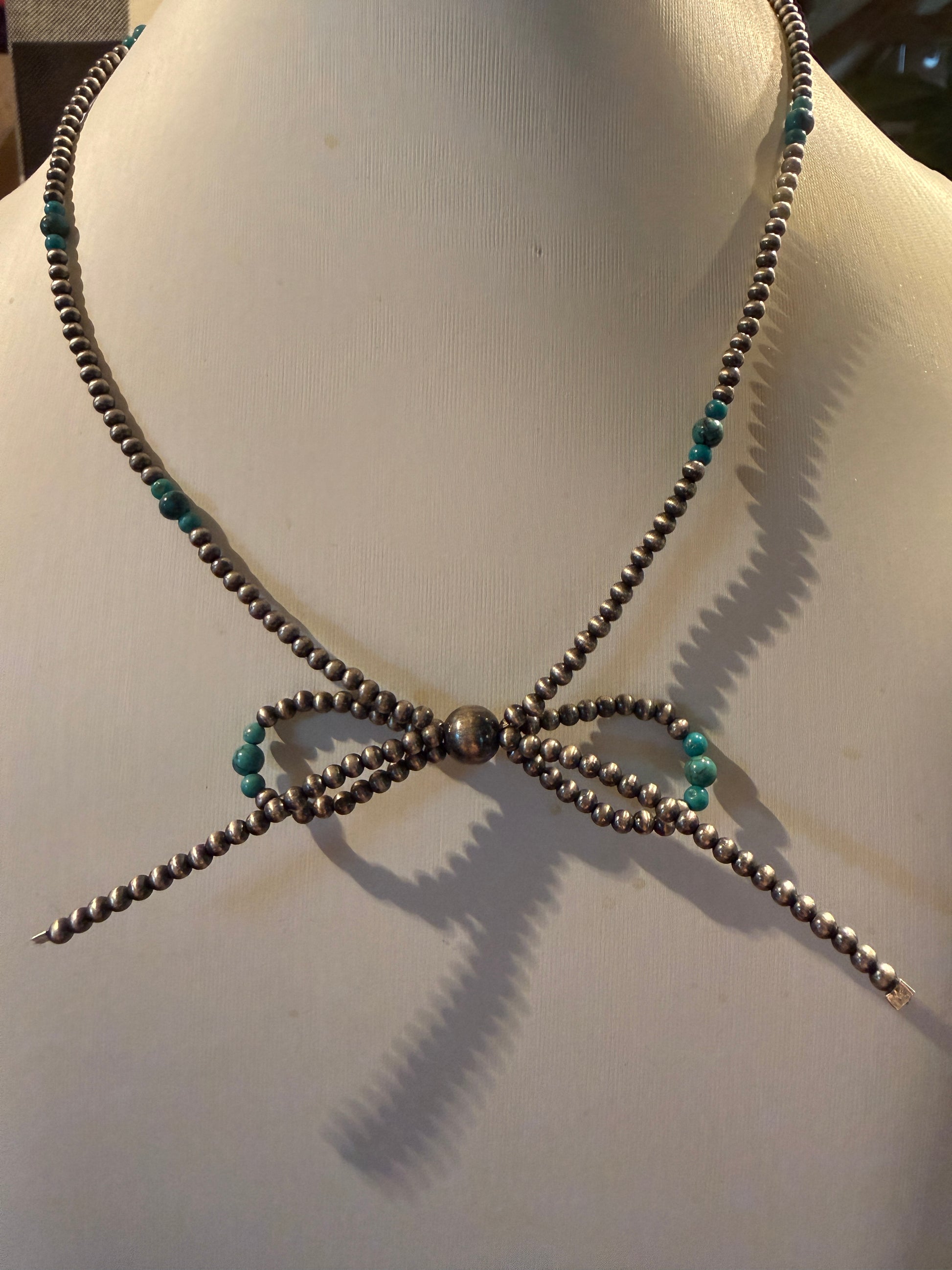 Kingman Turquoise Beads and Sterling Silver Desert Pearls 2mm Bow Necklace, 18 Inch Wild West Boho