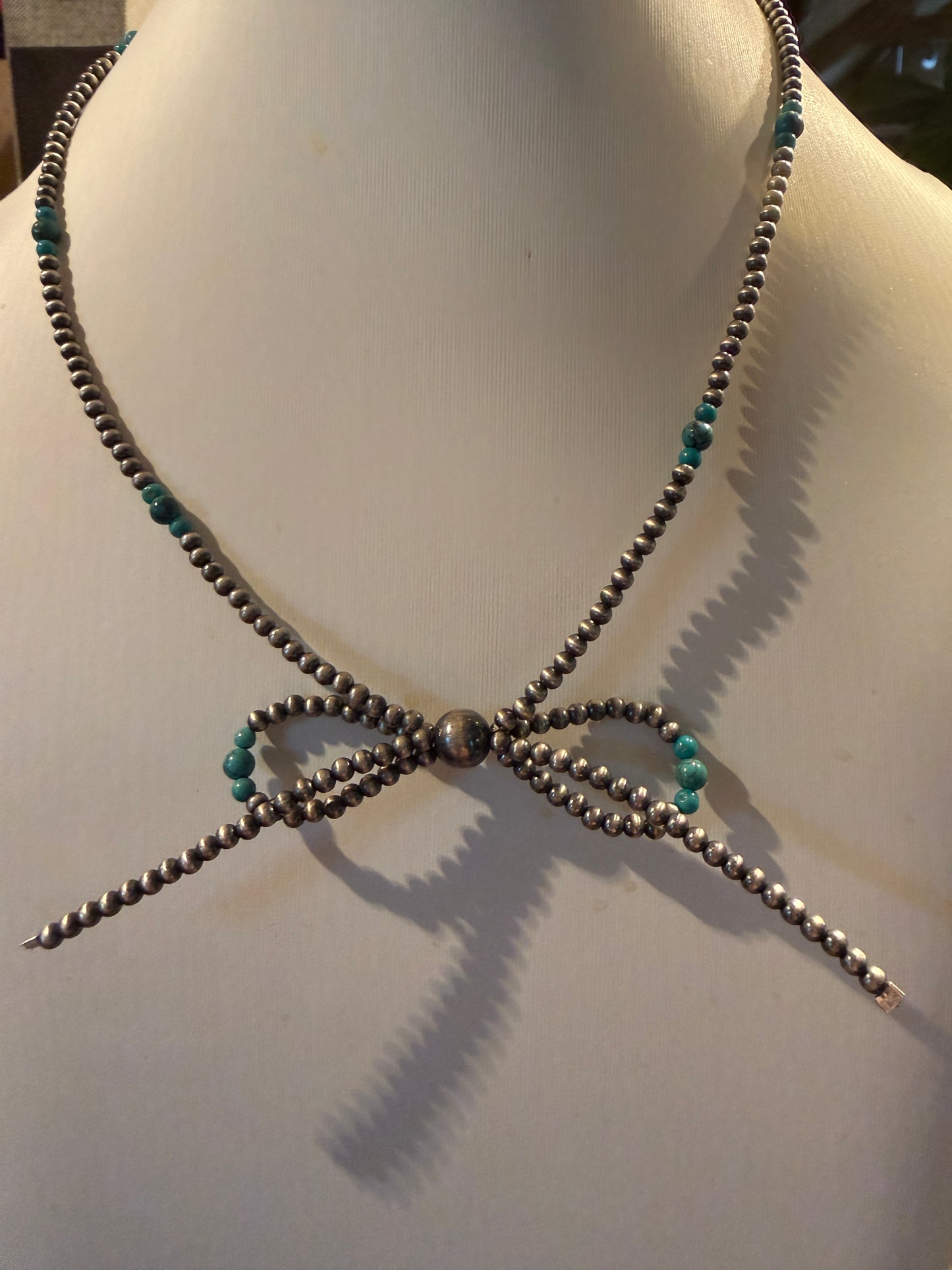 Kingman Turquoise Beads and Sterling Silver Desert Pearls 2mm Bow Necklace, 18 Inch Wild West Boho