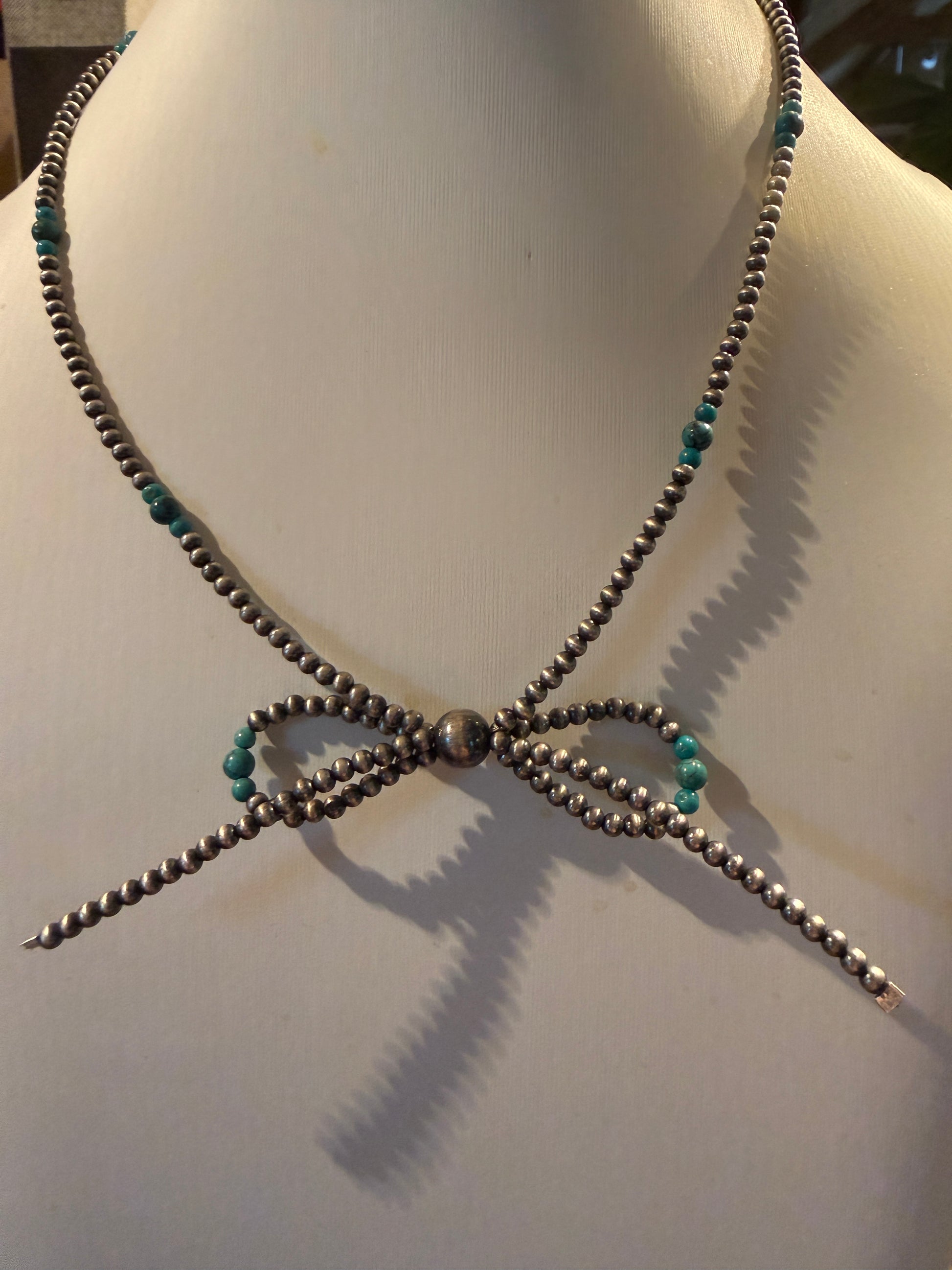 Kingman Turquoise Beads and Sterling Silver Desert Pearls 2mm Bow Necklace, 18 Inch Wild West Boho