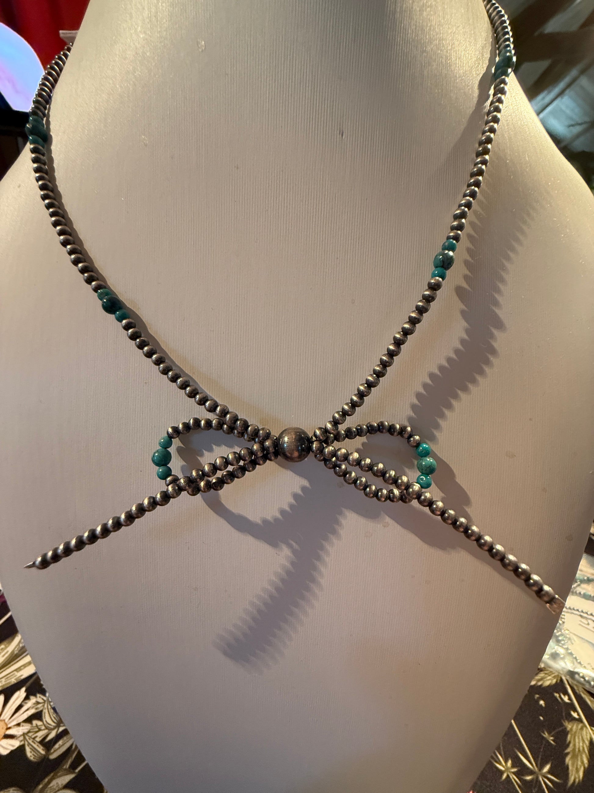 Kingman Turquoise Beads and Sterling Silver Desert Pearls 2mm Bow Necklace, 18 Inch Wild West Boho