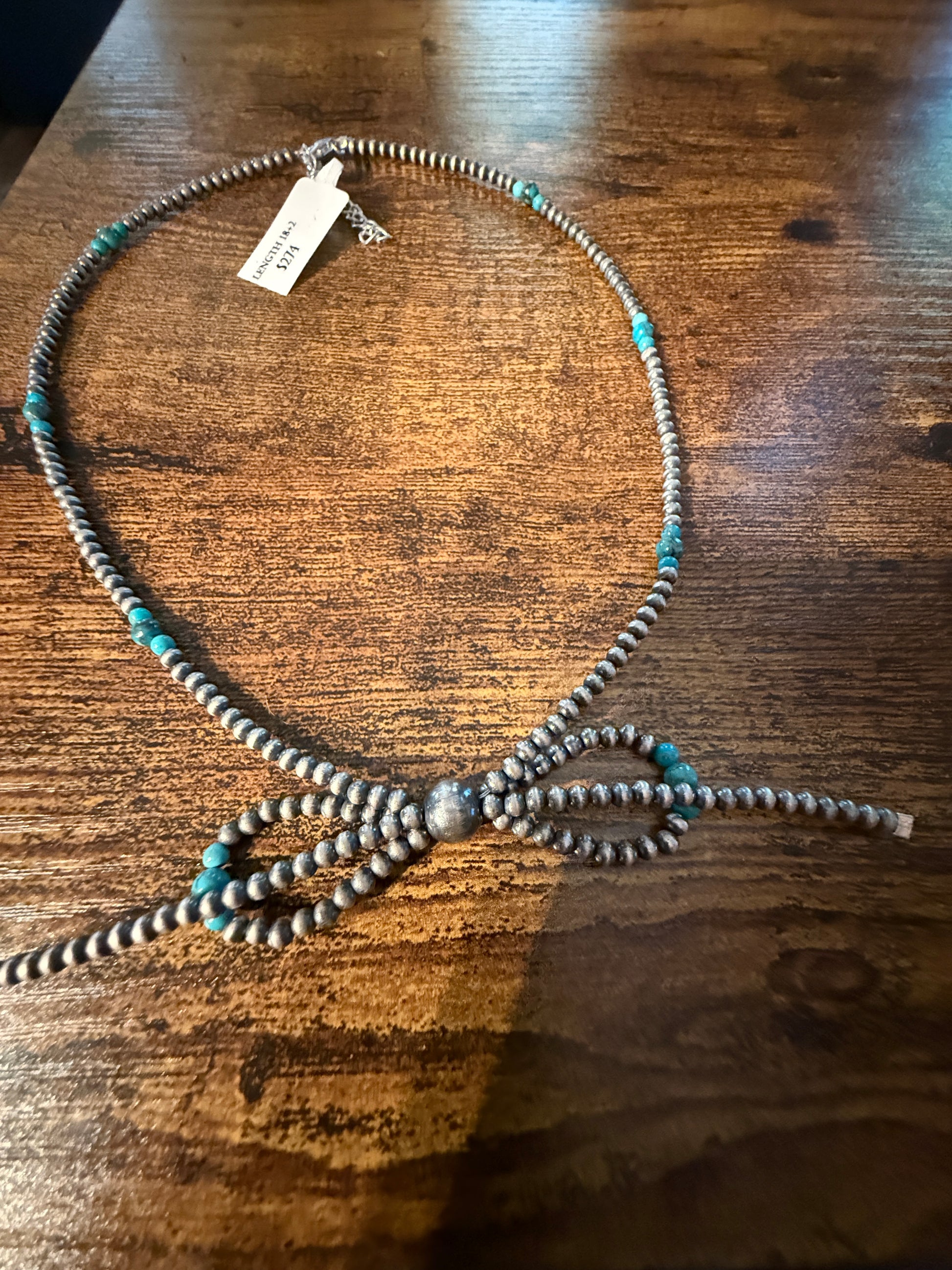 Kingman Turquoise Beads and Sterling Silver Desert Pearls 2mm Bow Necklace, 18 Inch Wild West Boho