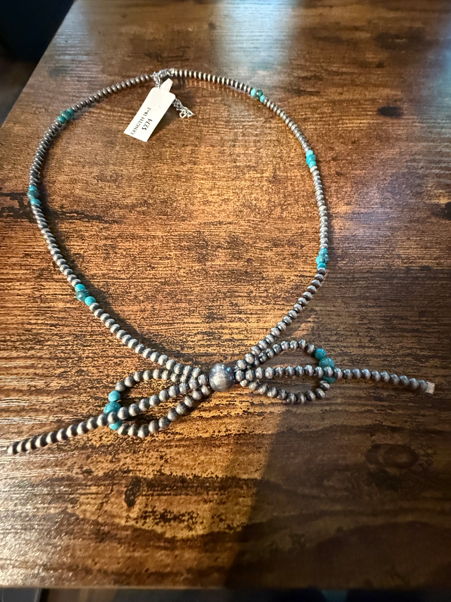 Kingman Turquoise Beads and Sterling Silver Desert Pearls 2mm Bow Necklace, 18 Inch Wild West Boho