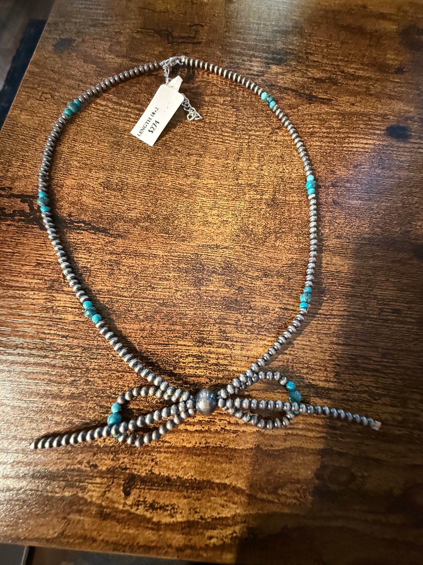 Kingman Turquoise Beads and Sterling Silver Desert Pearls 2mm Bow Necklace, 18 Inch Wild West Boho