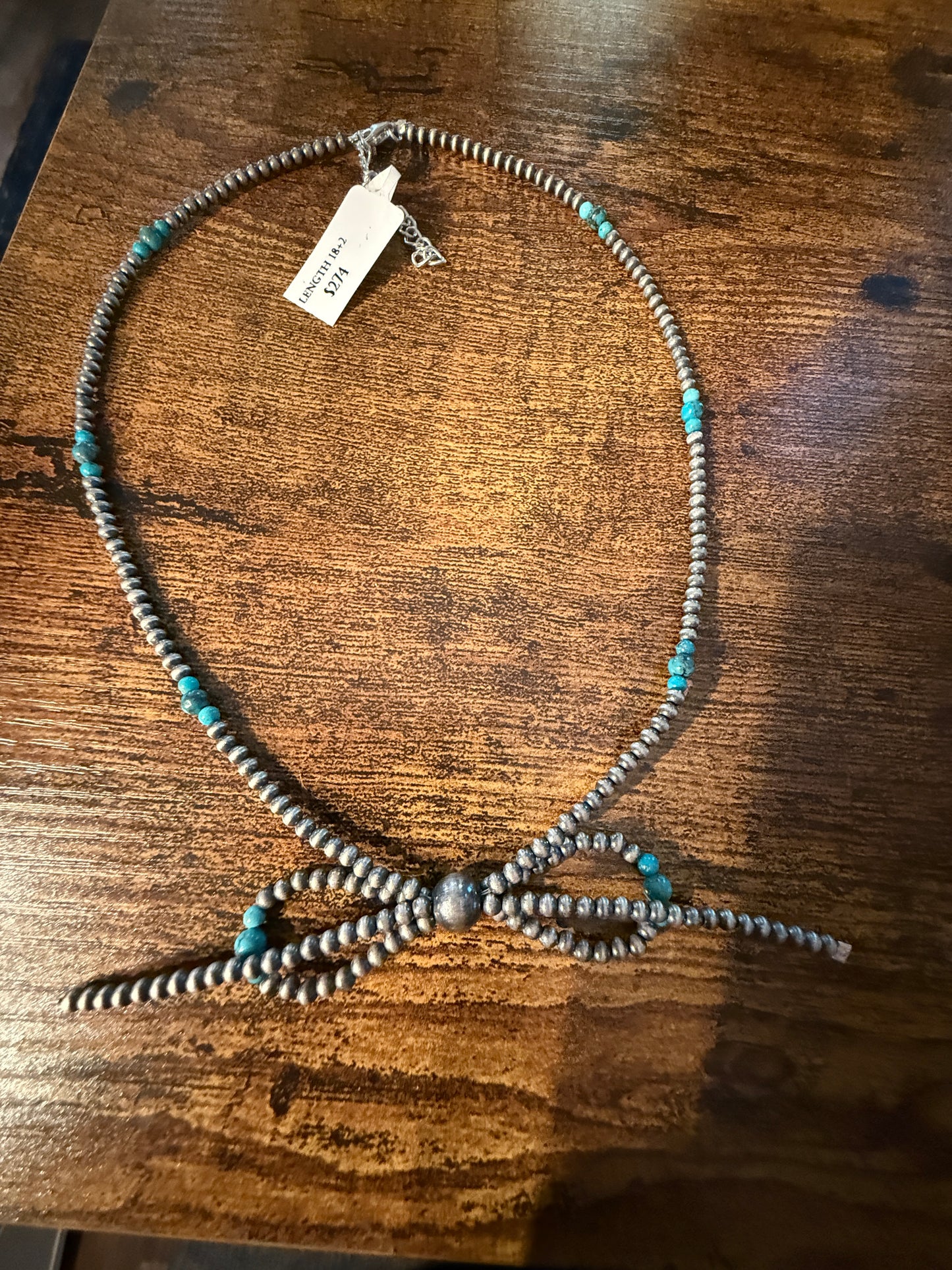 Kingman Turquoise Beads and Sterling Silver Desert Pearls 2mm Bow Necklace, 18 Inch Wild West Boho