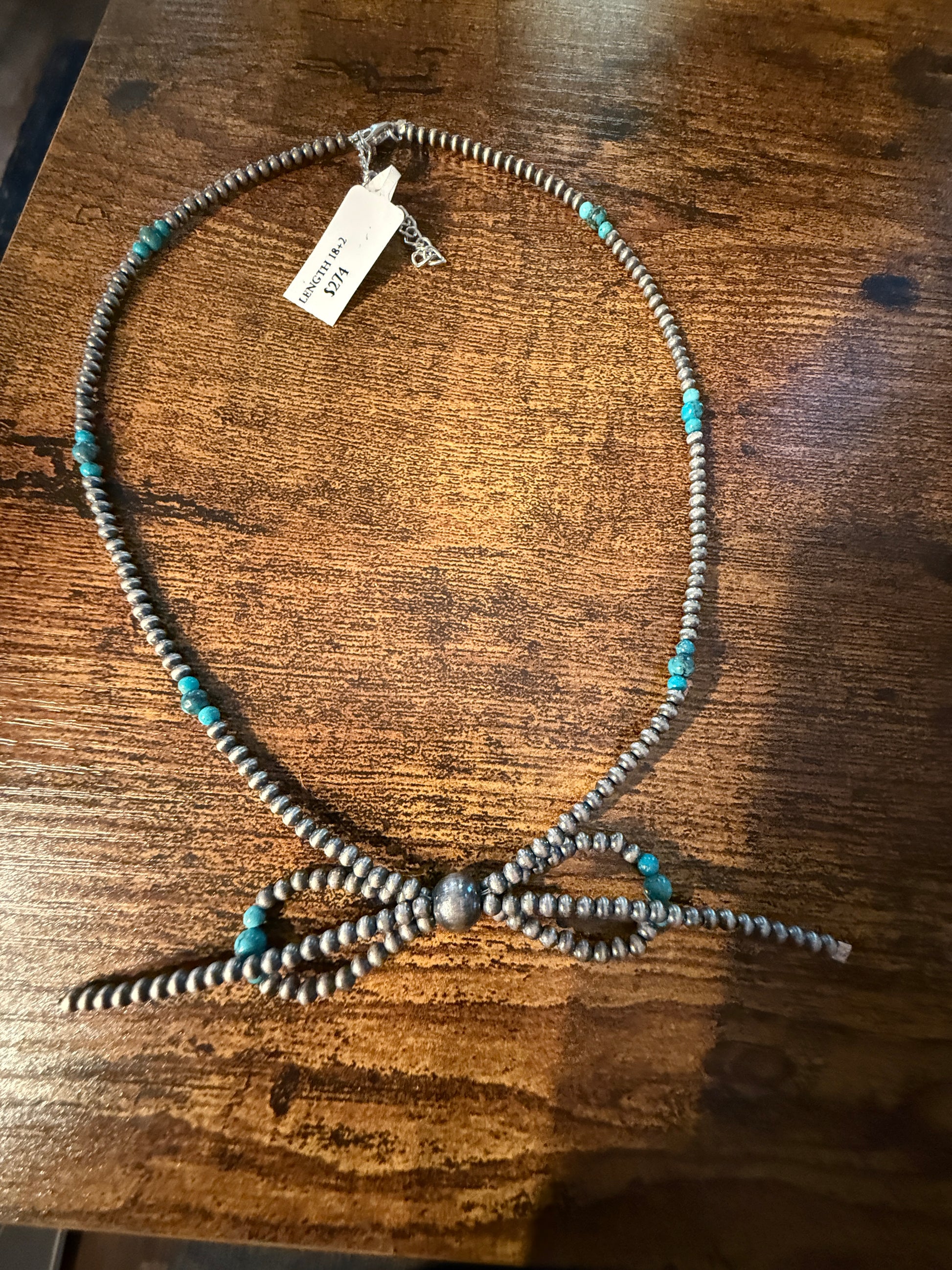 Kingman Turquoise Beads and Sterling Silver Desert Pearls 2mm Bow Necklace, 18 Inch Wild West Boho