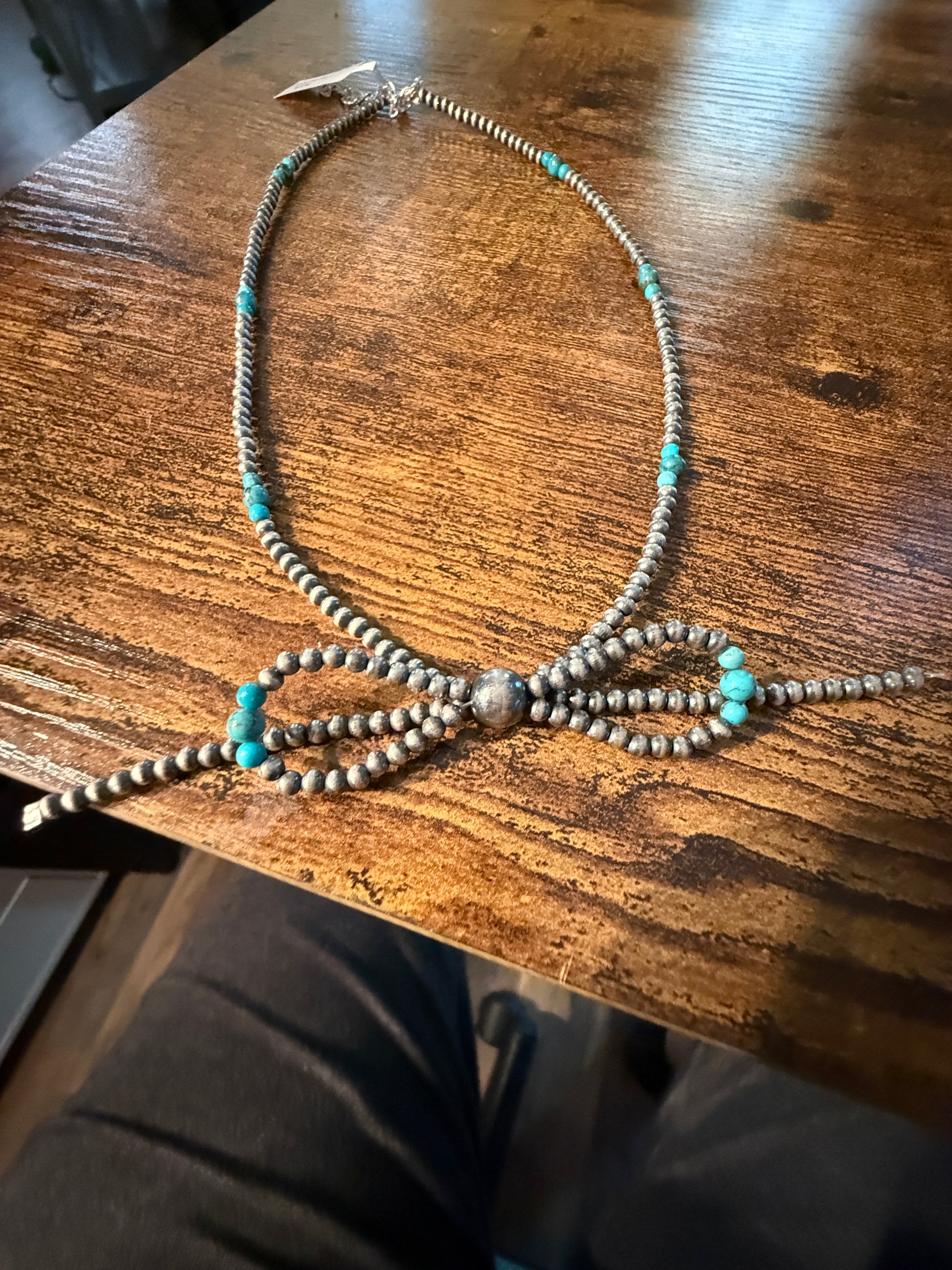 Kingman Turquoise Beads and Sterling Silver Desert Pearls 2mm Bow Necklace, 18 Inch Wild West Boho