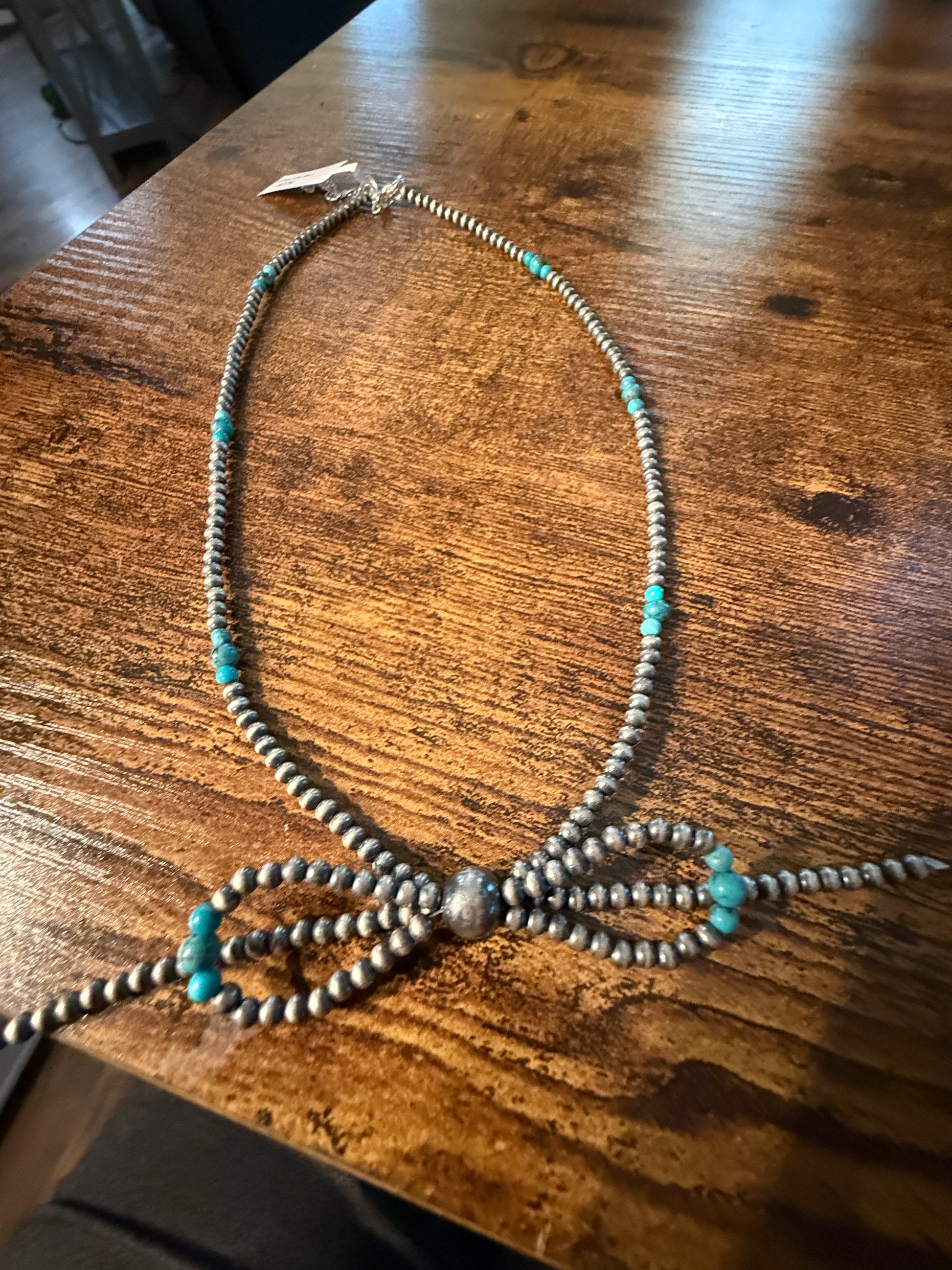 Kingman Turquoise Beads and Sterling Silver Desert Pearls 2mm Bow Necklace, 18 Inch Wild West Boho