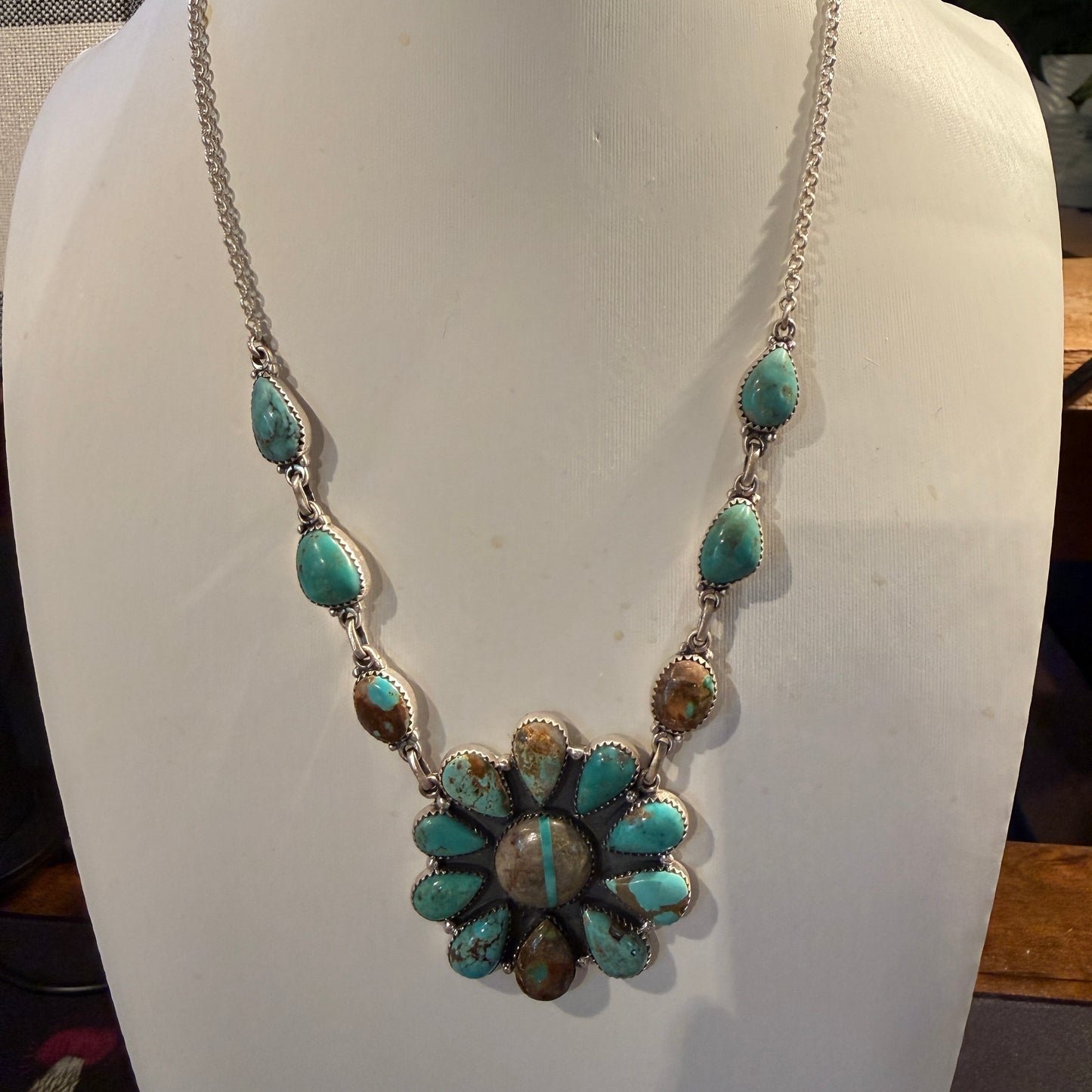 Royston Ribbon Turquoise Gemstone Flower Cluster Necklace in Sterling Silver 20 Inch Wild West Boho