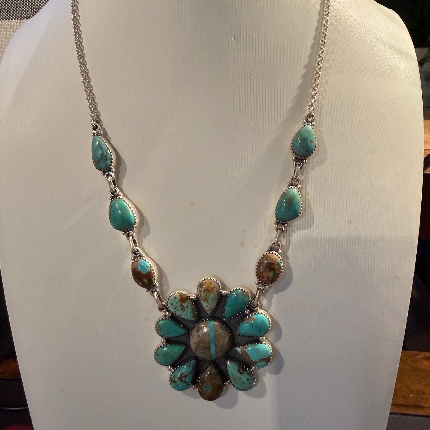 Royston Ribbon Turquoise Gemstone Flower Cluster Necklace in Sterling Silver 20 Inch Wild West Boho