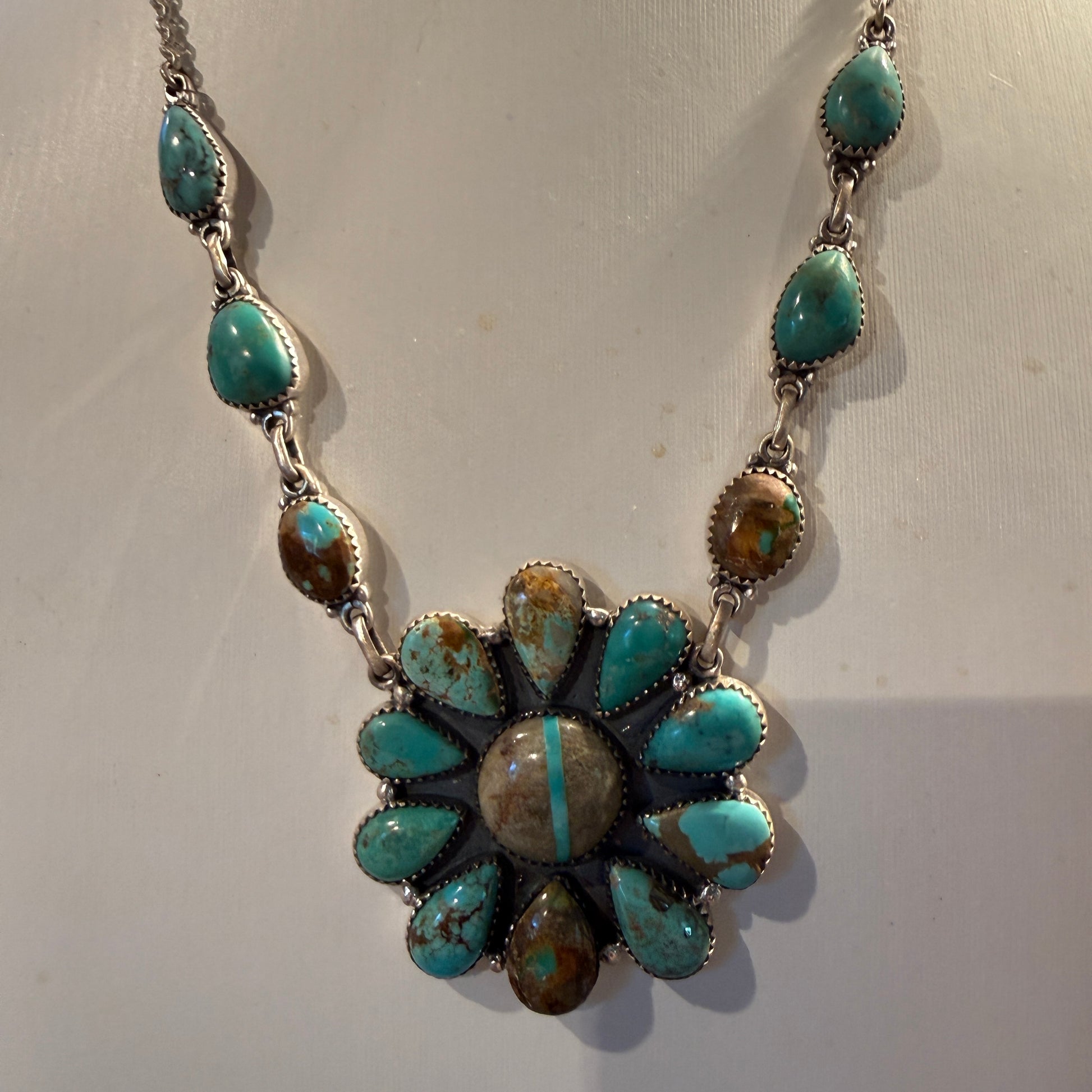 Royston Ribbon Turquoise Gemstone Flower Cluster Necklace in Sterling Silver 20 Inch Wild West Boho