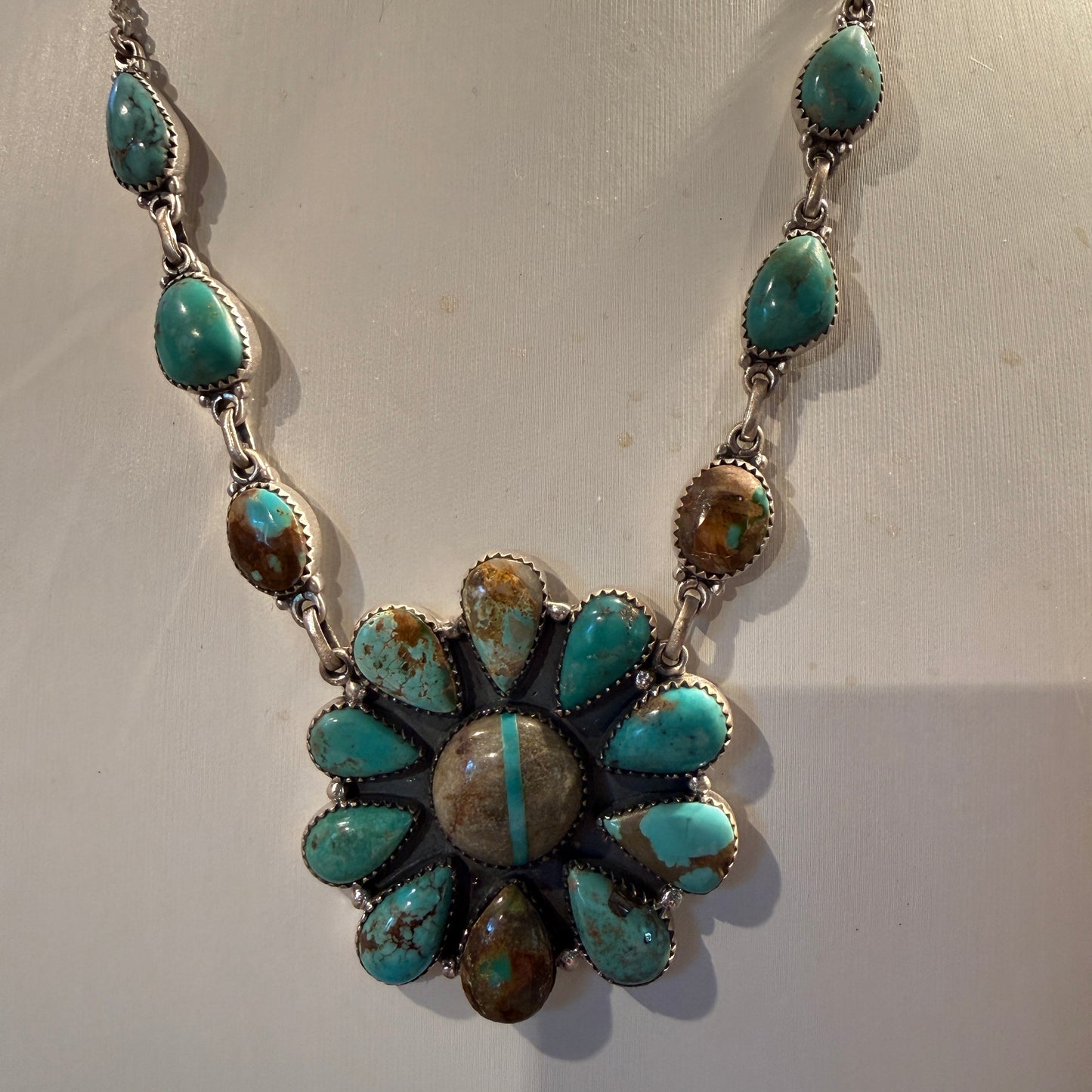 Royston Ribbon Turquoise Gemstone Flower Cluster Necklace in Sterling Silver 20 Inch Wild West Boho