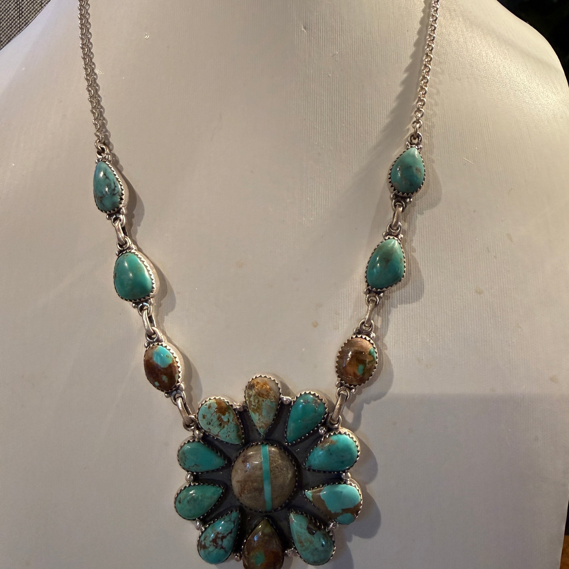 Royston Ribbon Turquoise Gemstone Flower Cluster Necklace in Sterling Silver 20 Inch Wild West Boho