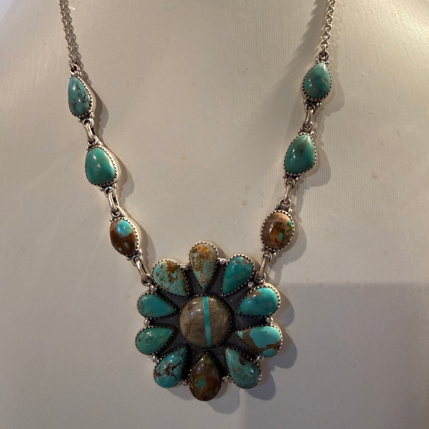 Royston Ribbon Turquoise Gemstone Flower Cluster Necklace in Sterling Silver 20 Inch Wild West Boho