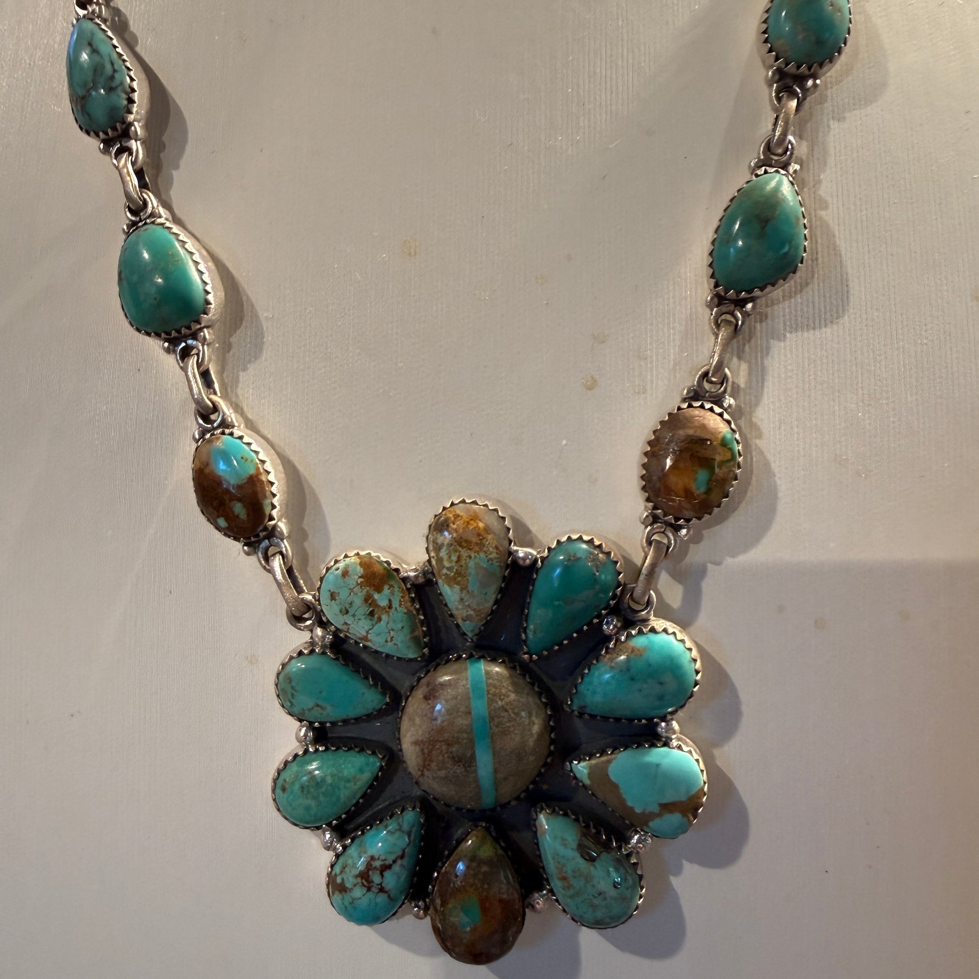 Royston Ribbon Turquoise Gemstone Flower Cluster Necklace in Sterling Silver 20 Inch Wild West Boho