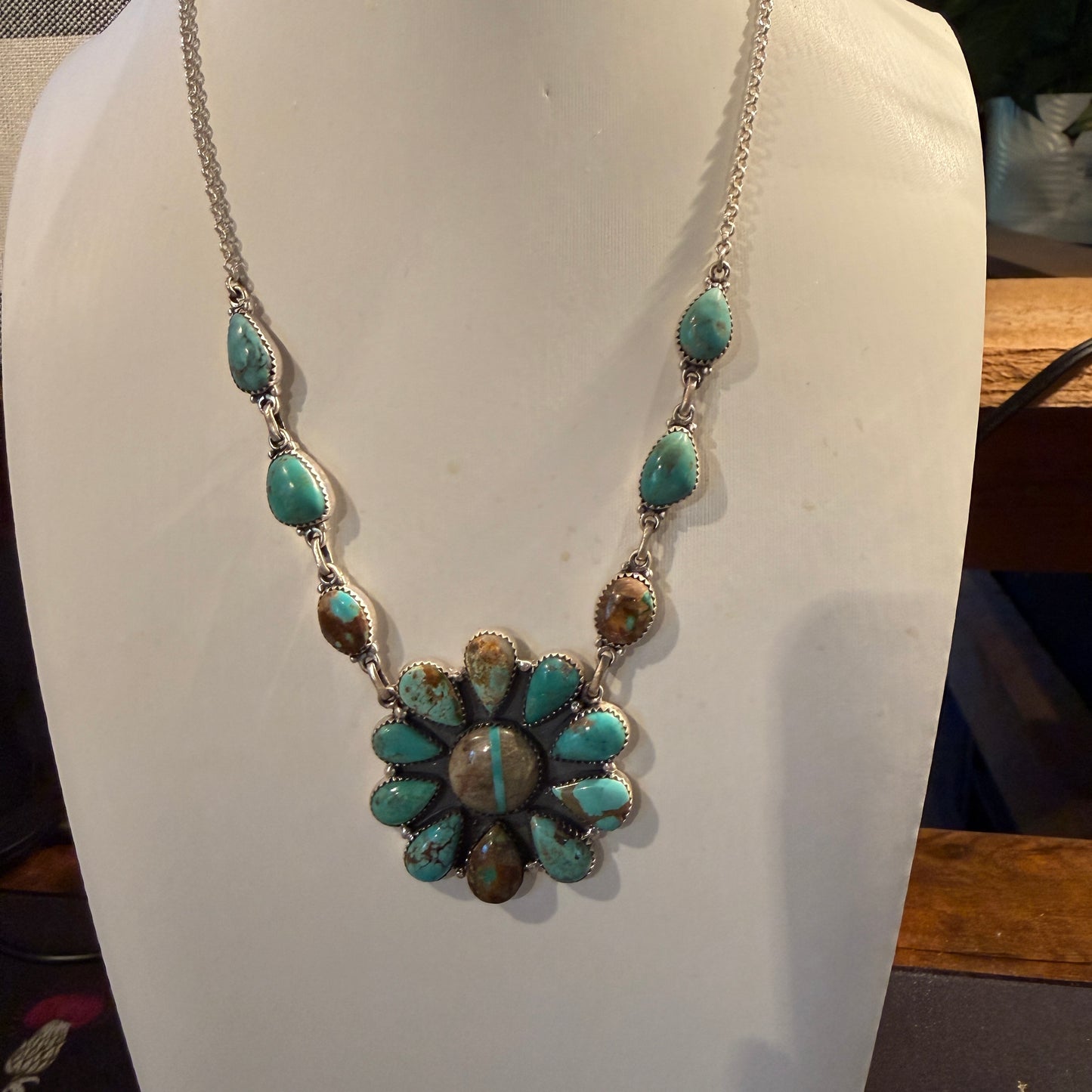 Royston Ribbon Turquoise Gemstone Flower Cluster Necklace in Sterling Silver 20 Inch Wild West Boho