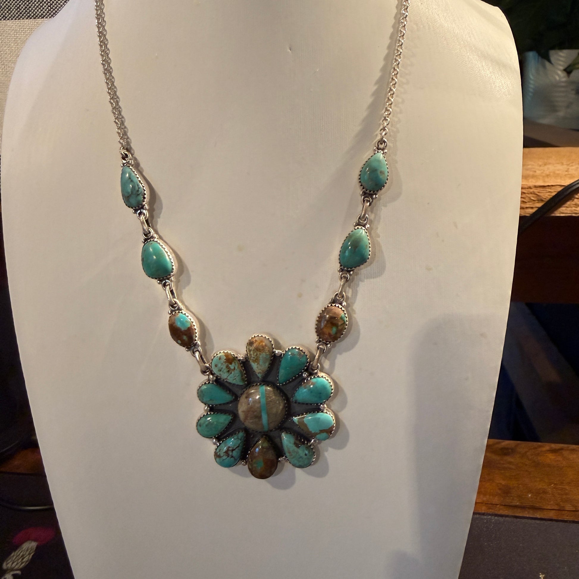 Royston Ribbon Turquoise Gemstone Flower Cluster Necklace in Sterling Silver 20 Inch Wild West Boho