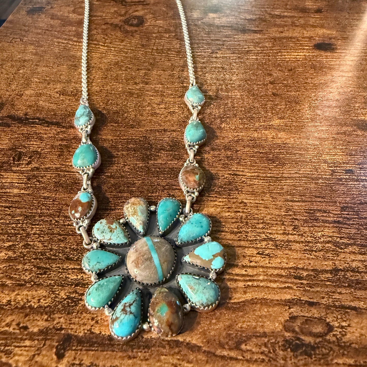Royston Ribbon Turquoise Gemstone Flower Cluster Necklace in Sterling Silver 20 Inch Wild West Boho