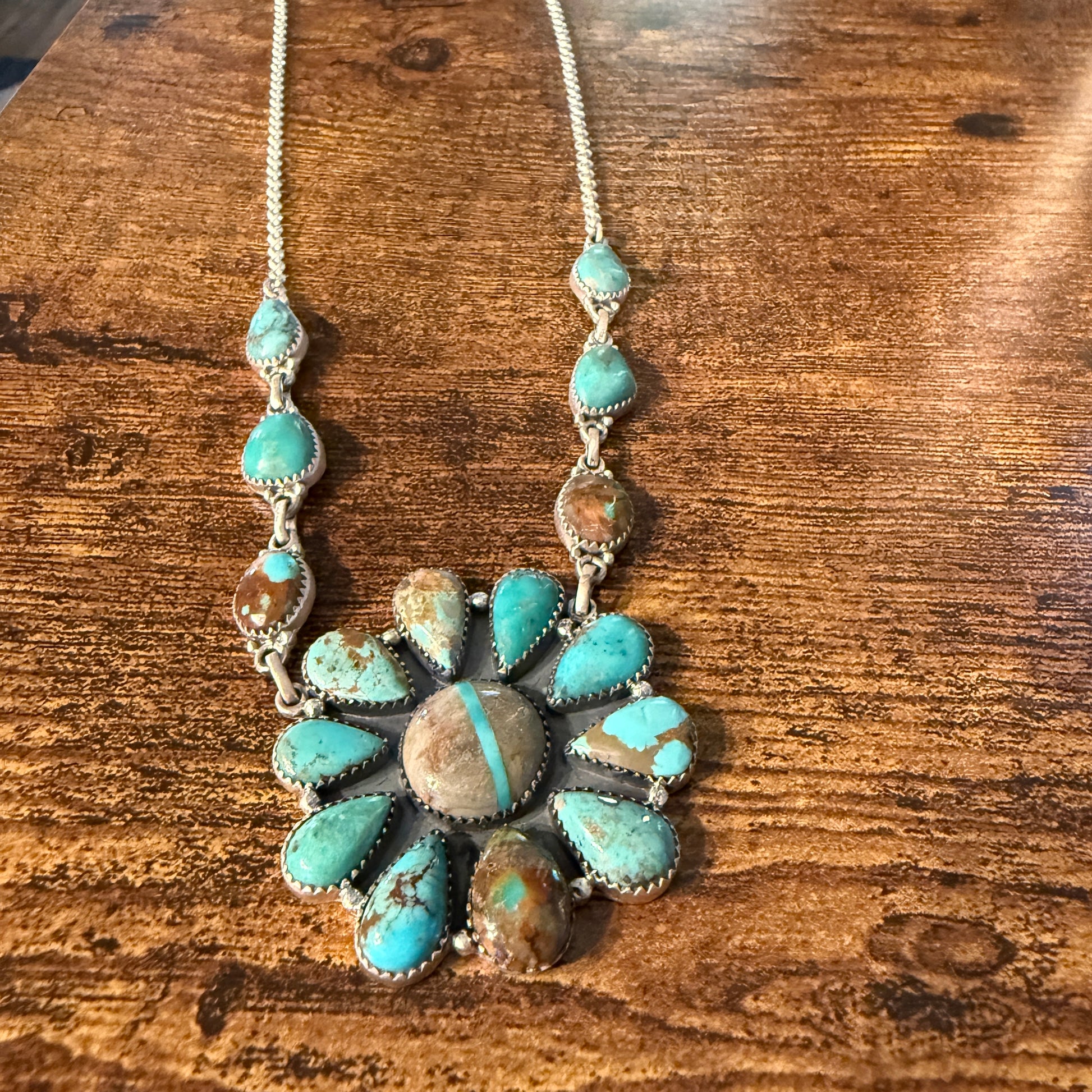 Royston Ribbon Turquoise Gemstone Flower Cluster Necklace in Sterling Silver 20 Inch Wild West Boho