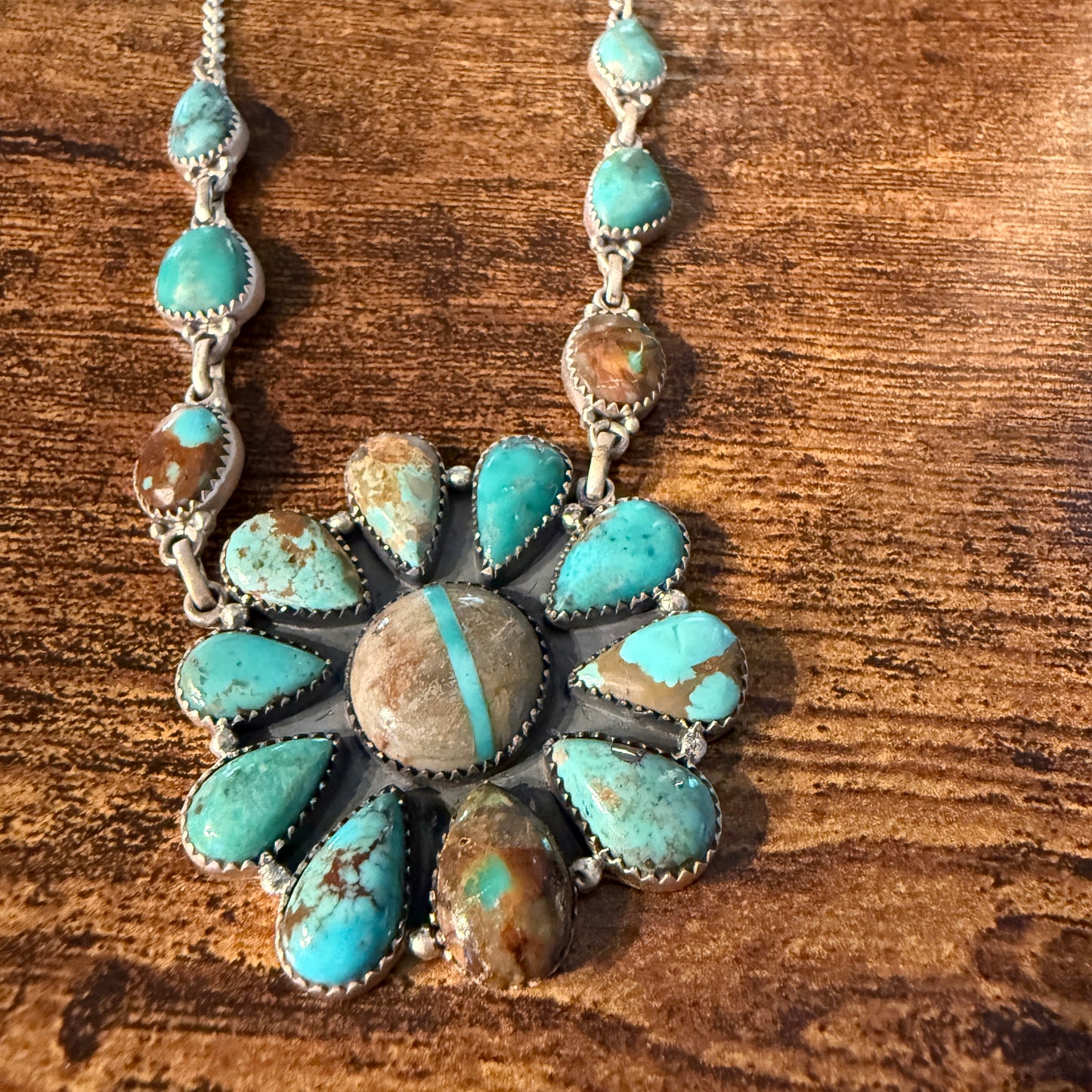 Royston Ribbon Turquoise Gemstone Flower Cluster Necklace in Sterling Silver 20 Inch Wild West Boho