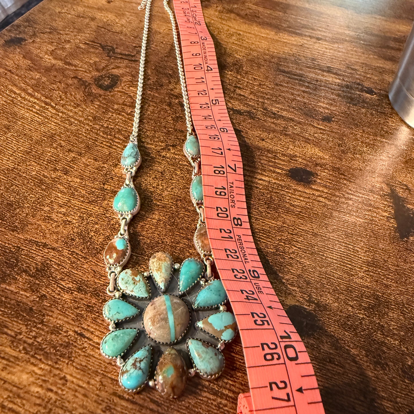 Royston Ribbon Turquoise Gemstone Flower Cluster Necklace in Sterling Silver 20 Inch Wild West Boho