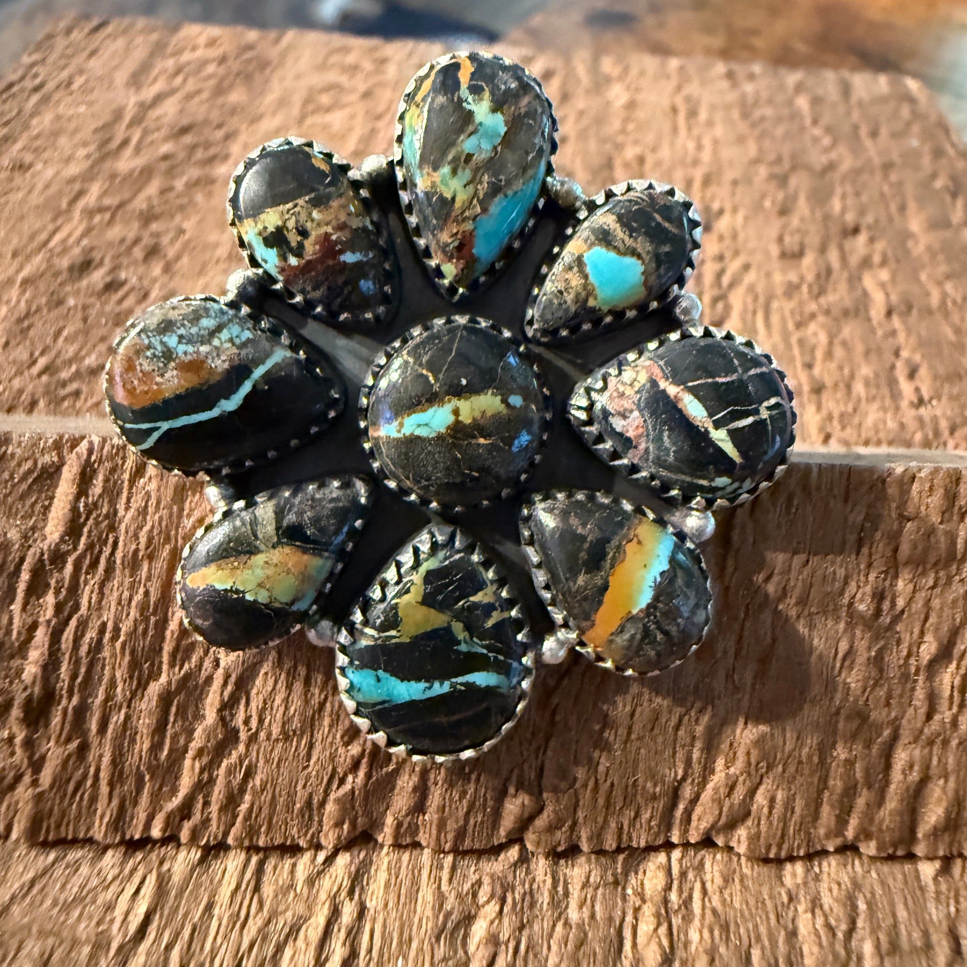 Blackjack Turquoise Premium Gemstone Cluster Adjustable Ring in Sterling Silver Wild West Boho