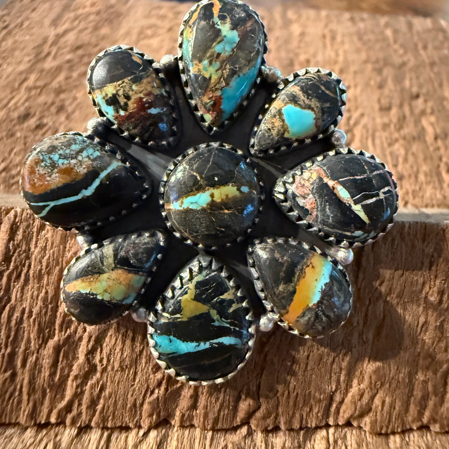 Blackjack Turquoise Premium Gemstone Cluster Adjustable Ring in Sterling Silver Wild West Boho