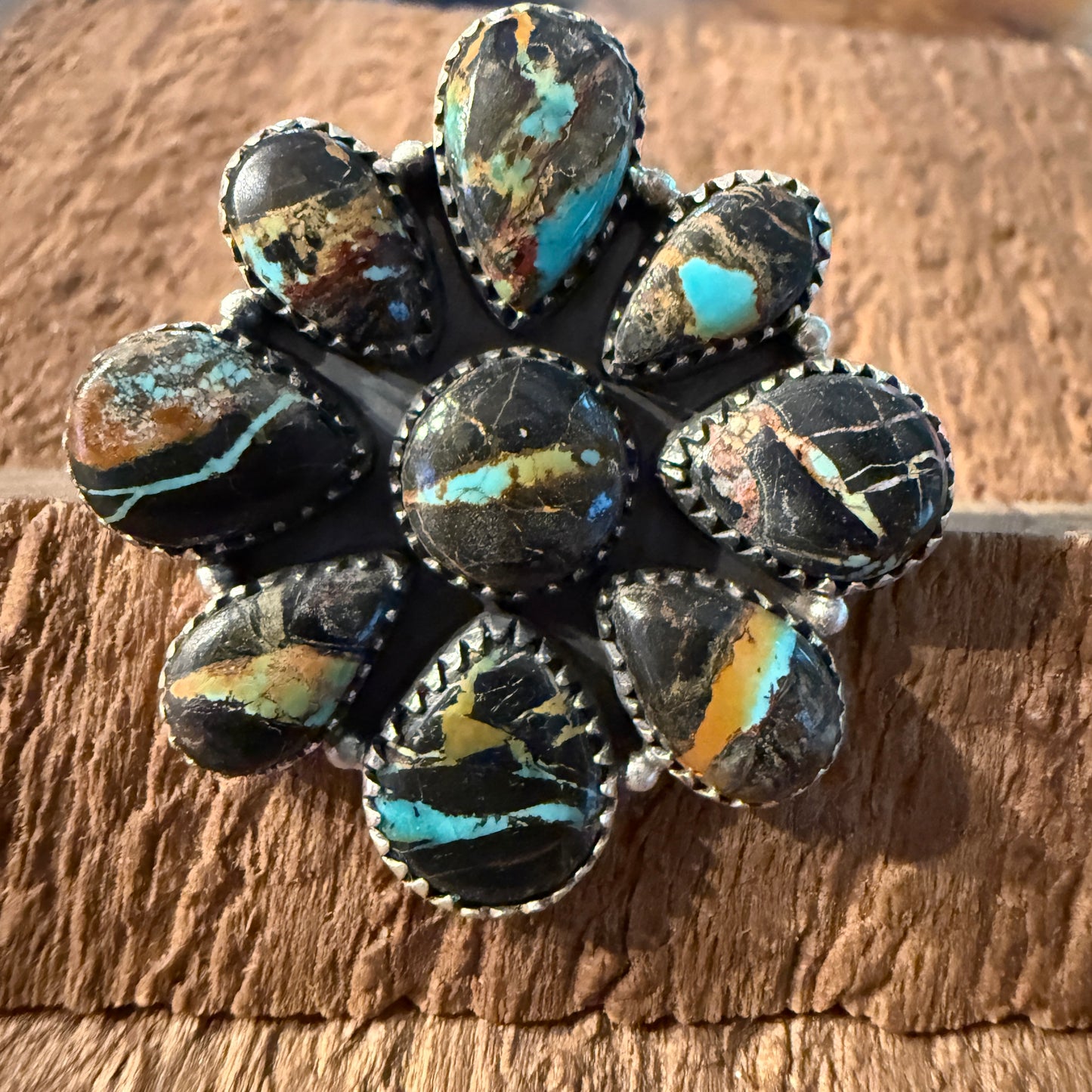 Blackjack Turquoise Premium Gemstone Cluster Adjustable Ring in Sterling Silver Wild West Boho