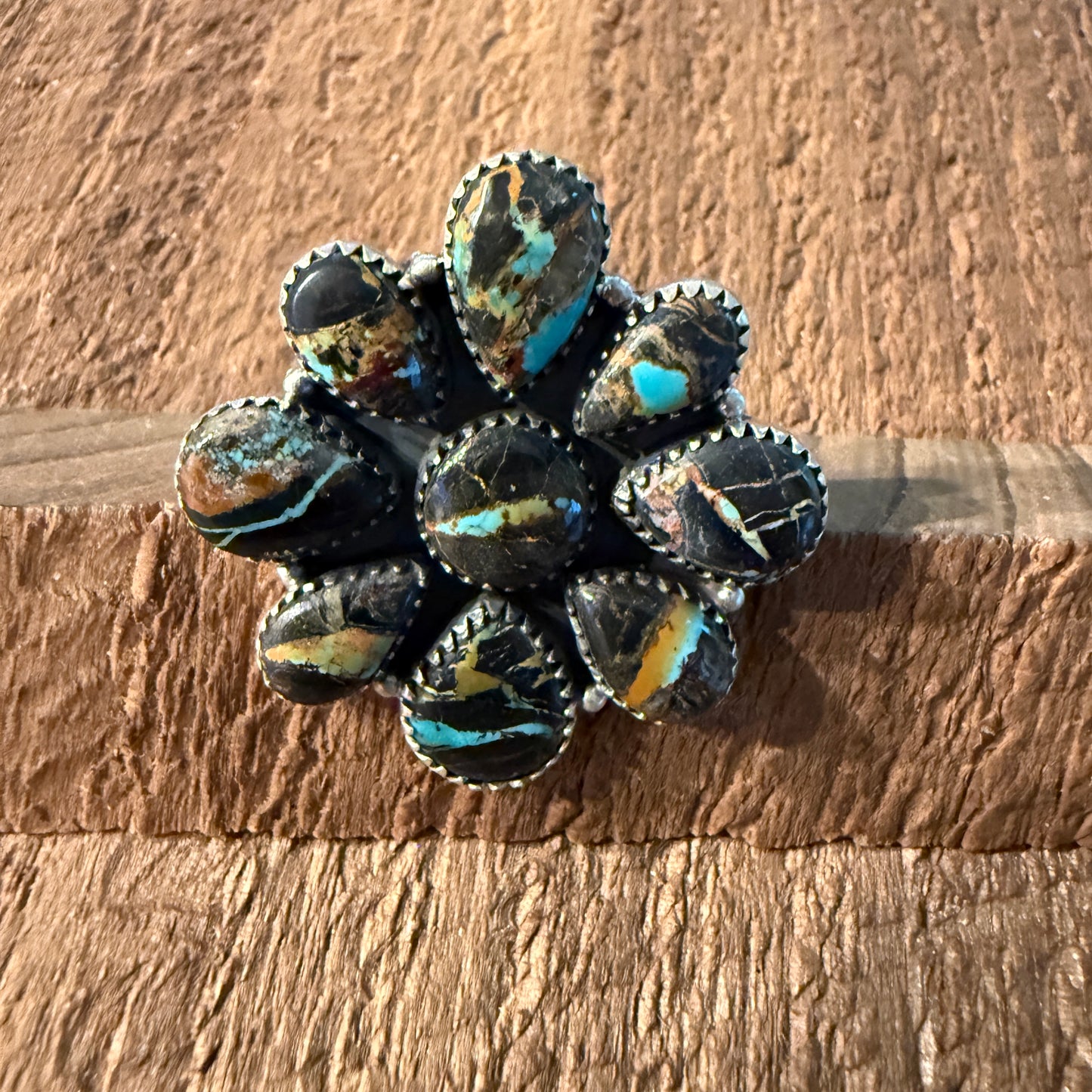 Blackjack Turquoise Premium Gemstone Cluster Adjustable Ring in Sterling Silver Wild West Boho