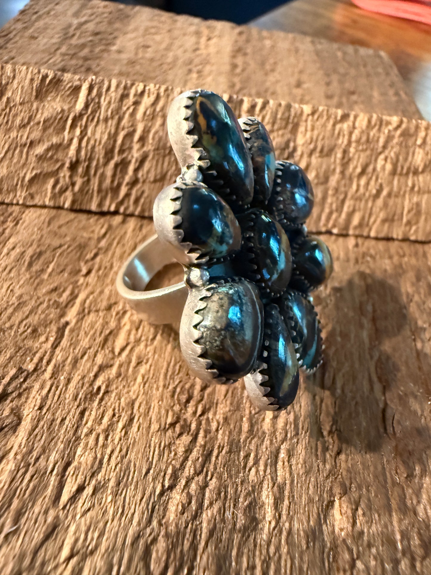 Blackjack Turquoise Premium Gemstone Cluster Adjustable Ring in Sterling Silver Wild West Boho