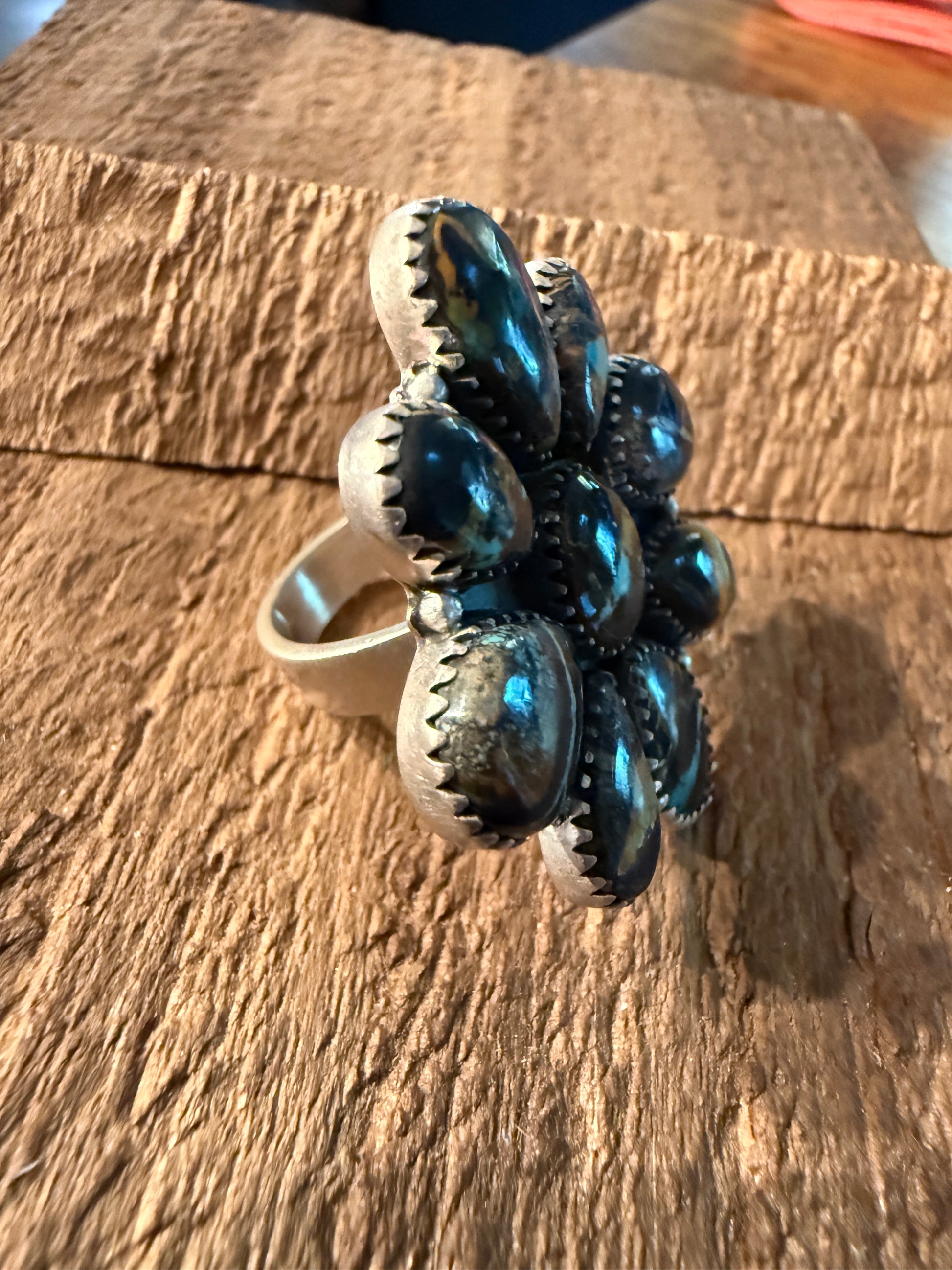 Blackjack Turquoise Premium Gemstone Cluster Adjustable Ring in Sterling Silver Wild West Boho