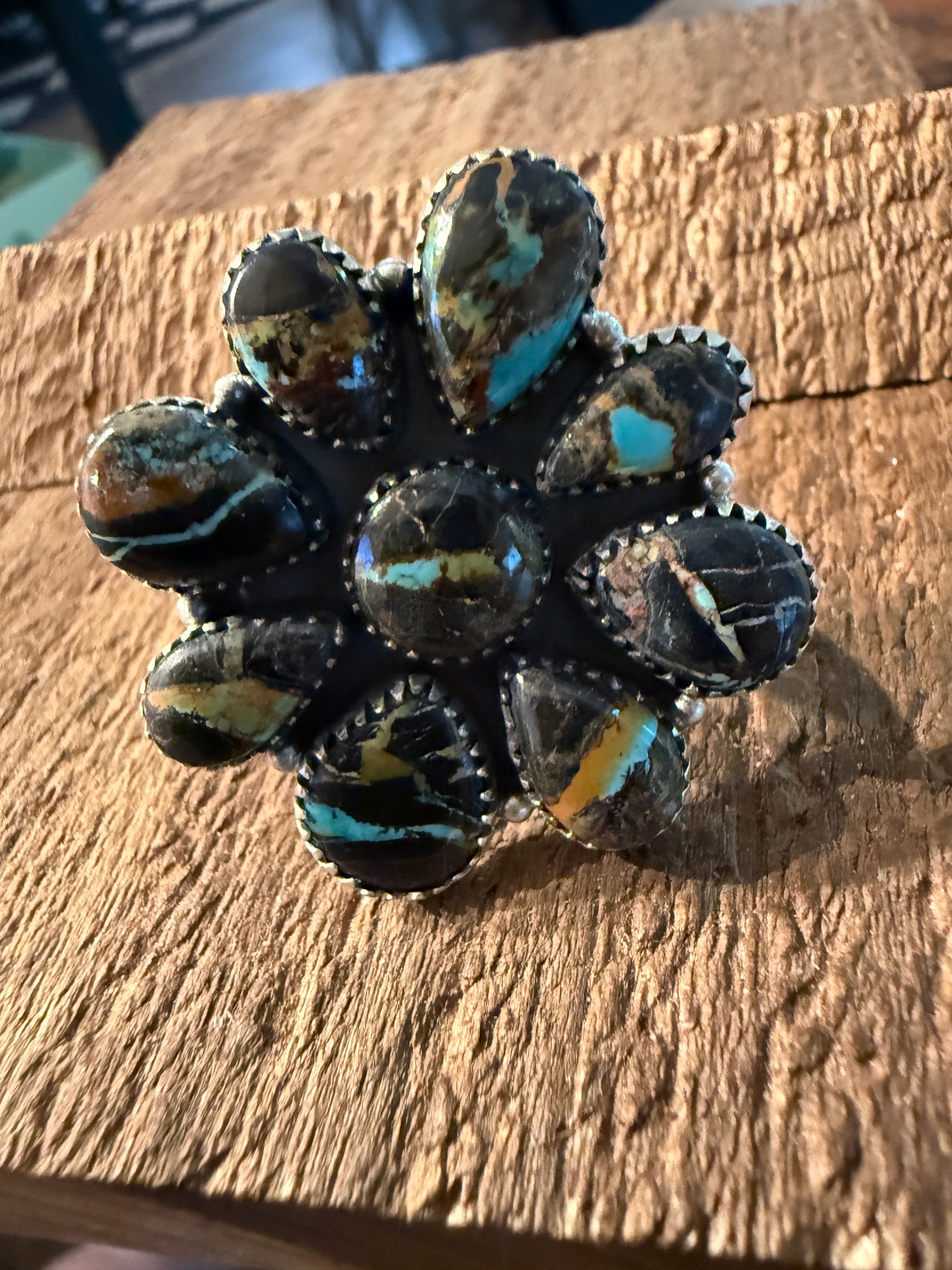 Blackjack Turquoise Premium Gemstone Cluster Adjustable Ring in Sterling Silver Wild West Boho