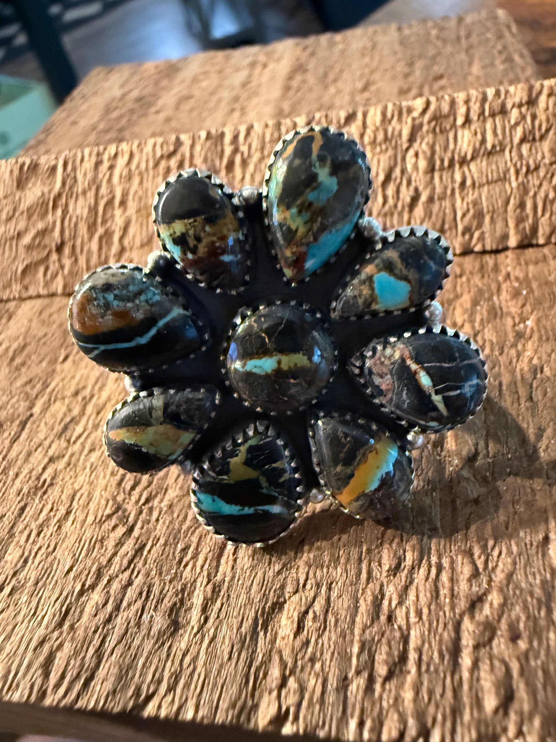 Blackjack Turquoise Premium Gemstone Cluster Adjustable Ring in Sterling Silver Wild West Boho