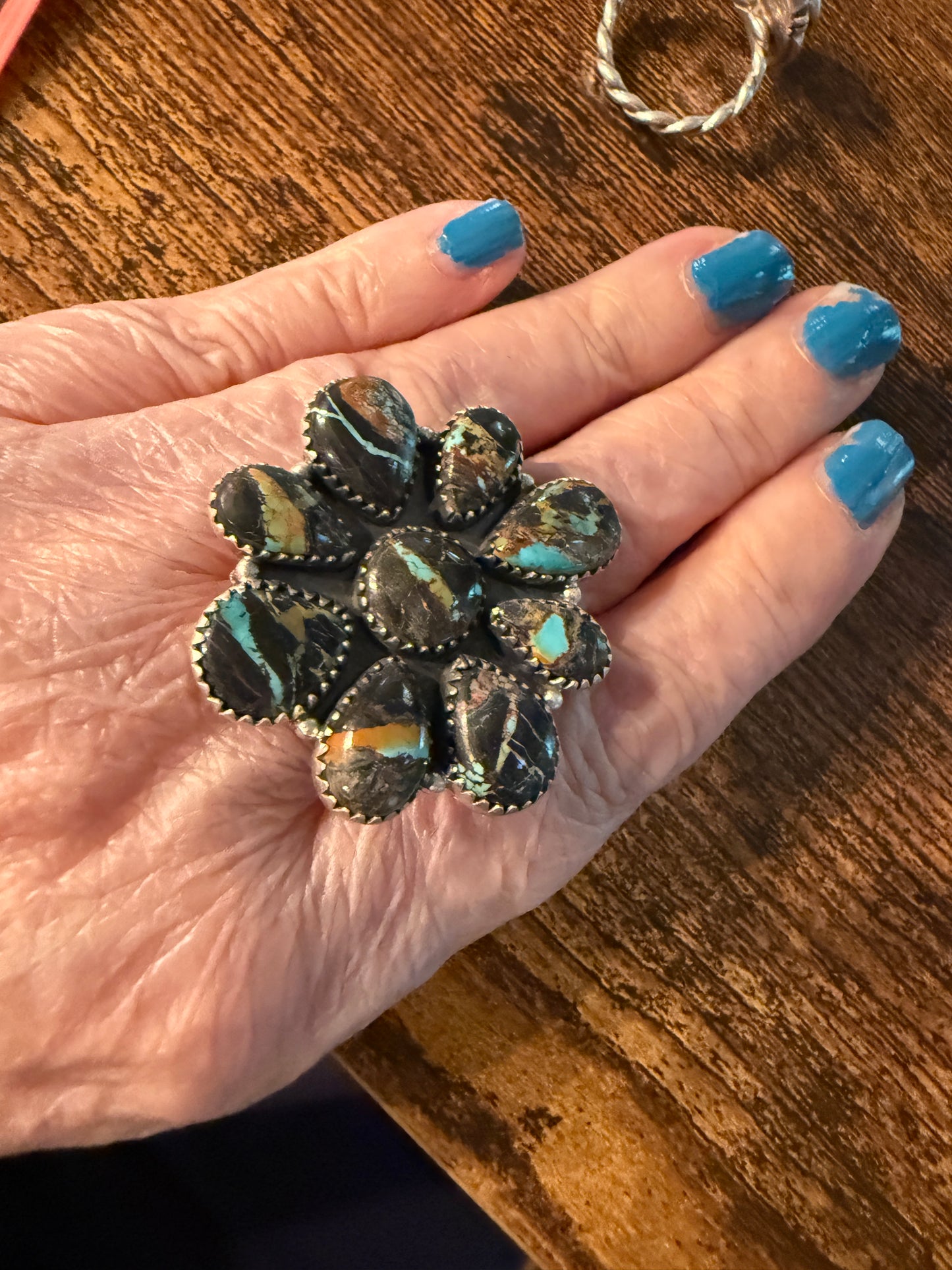 Blackjack Turquoise Premium Gemstone Cluster Adjustable Ring in Sterling Silver Wild West Boho