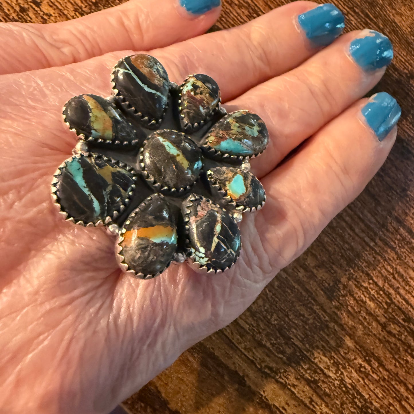 Blackjack Turquoise Premium Gemstone Cluster Adjustable Ring in Sterling Silver Wild West Boho