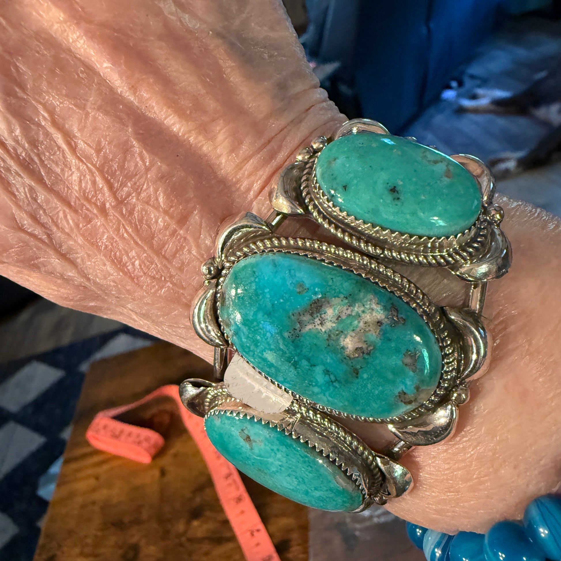 Royston Turquoise Donovan Nez Navajo Handmade Wide Cuff Bracelet Sterling Silver Wild West Boho