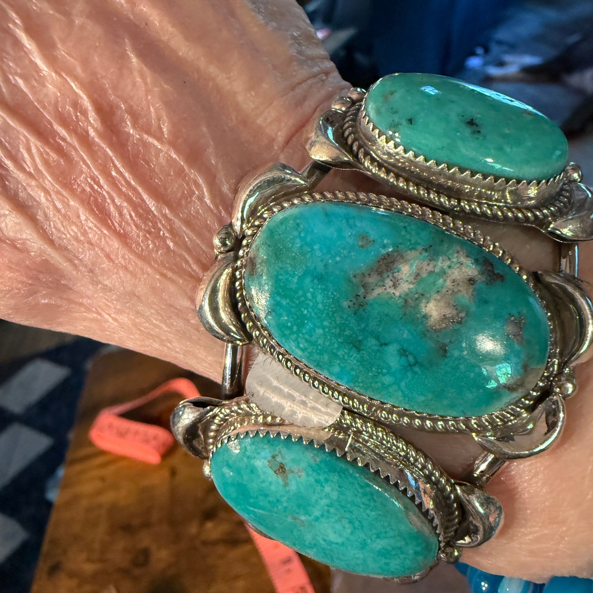 Royston Turquoise Donovan Nez Navajo Handmade Wide Cuff Bracelet Sterling Silver Wild West Boho