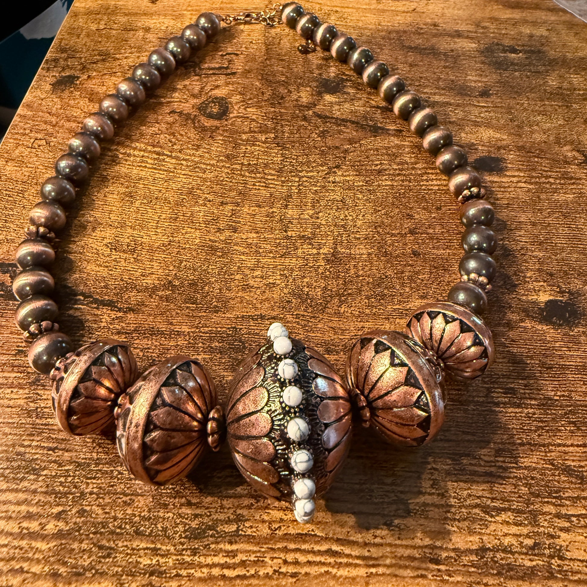 Handcrafted Navajo Style Copper Beaded Chunky Necklace Southwest Wild West Boho