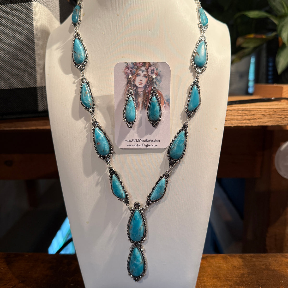 Handcrafted Turquoise Teardrop Silver Plated Lariat Necklace And Earrings Set, 30 Inches Wild West Boho