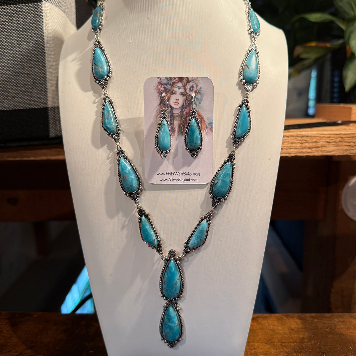 Handcrafted Turquoise Teardrop Silver Plated Lariat Necklace And Earrings Set, 30 Inches Wild West Boho