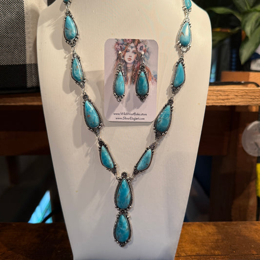 Handcrafted Turquoise Teardrop Silver Plated Lariat Necklace And Earrings Set, 30 Inches Wild West Boho